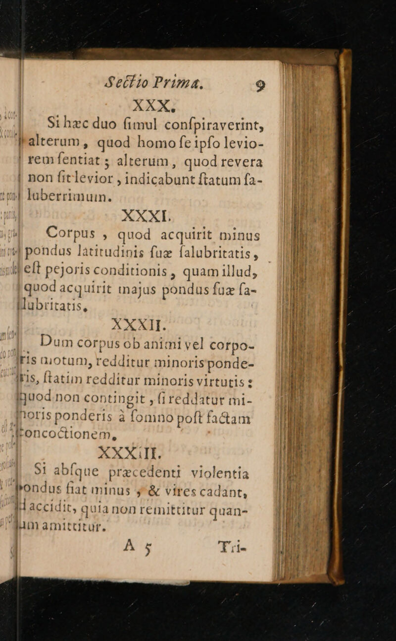 XXX. | Si hec duo fimul confpiraverint, | ME JFalterum, quod homofeipfolevio- |! | rem fentiat ; alterum, Bod revera | | non fitle: finc ; ihdicabunt f Ítatum fa- tf 4 Iuberrimuin. XXXL Corpus ; quod acquirit minus Log lus fà titudints fuz falubritatis, elt 2 conditionis , quam illud, | quod acquirit majus pondusfuzfa- — M ORMICUR il XAXXII. | | Dumcorpusob animi vel corpo- Jis uio tum, cedi tur minorisponde- Iris, [tatiim redditur minoris virtutis 2 Ihuod non contingit , fireddatur mi- Inoris ponderis à fo mno poft factam ;Moncoctionem, | XXXIII. ll [que prac edent violentia | | Jrondus f lat ininus y &amp; vires cadant, d] accidit, quianonremittitur quan- — WM 'Jum amittitur. | LE | 1 A jj 'Tri- TA Nn. CHE? 91 at