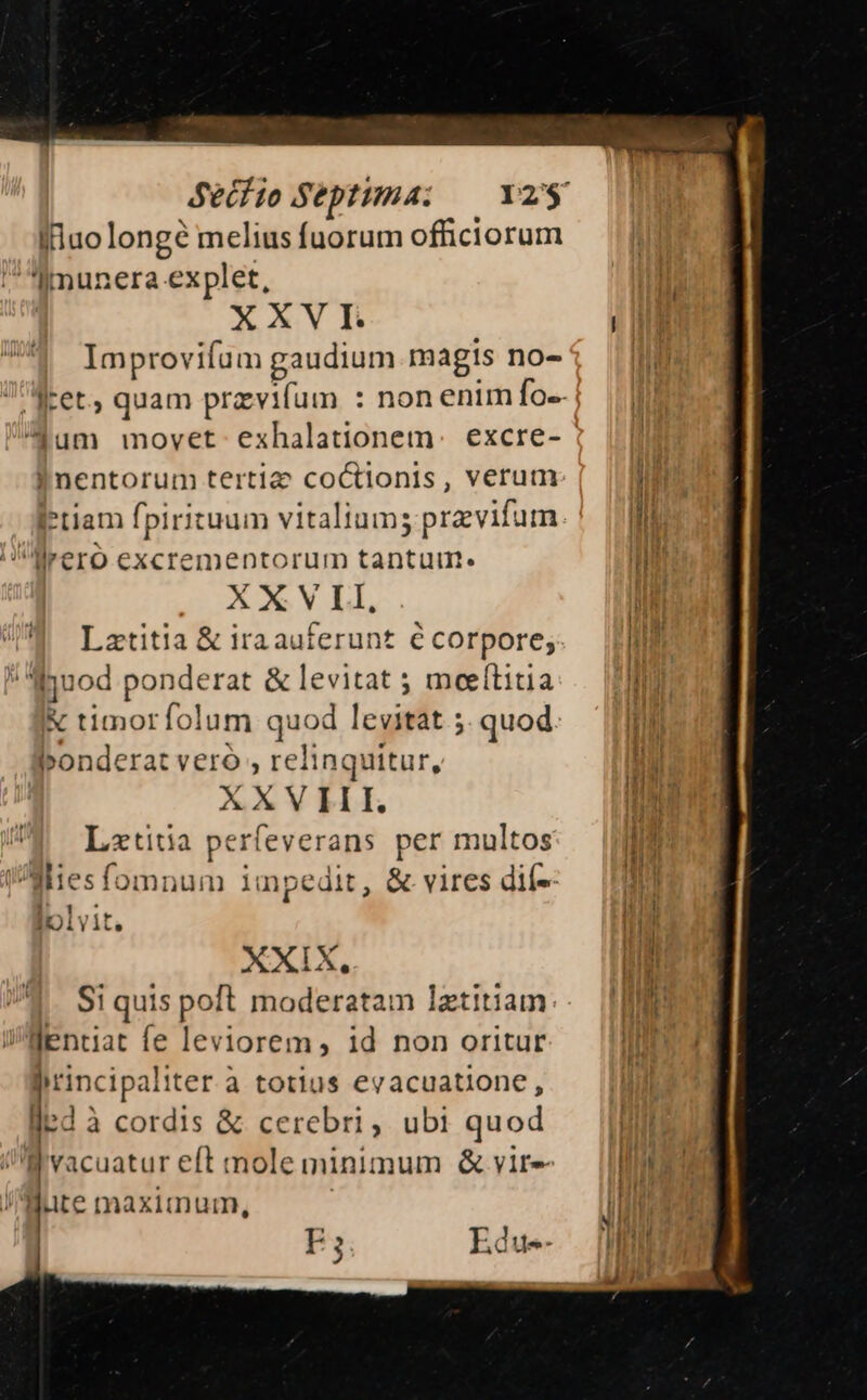 Sefio Septima; — Y2y Iluolongé melius fuorum officiorum ^ «munera explet, | XXVI Wu UH Improvifum gaudium magis no- d. let, quam przvifum : non enim fo-- | um movet exhalationem. excre- Énentorum tertia coctlonis, verum lh Ietiam fpirituum vitaliums previfum lii rero excrementorum tantur. ril X X V LI, (i Laztitia &amp; iraauferunt é corpore; ti *«xuod ponderat &amp; levitat ; moeítitia MI &amp; timorfolum quod levitat ;. quod. ID bonderat vero , relinquitur, hr X X V III. hb Lztitia perfeverans per multos Ji ! WM:iesfomnum impedit, &amp; vires dif-- — |I | lolvit, ifi XXIX, ME Si quis poft moderatam latitiam AE WWentiat fe leviorem, id non oritur Itn dI principaliter à totius evacuatione, ! Jed à cordis &amp; cerebri, ubi quod WT iiw 3 | 1 vacuatur eft mole minimum &amp; vire Jure maximum, ! E d Ue r'
