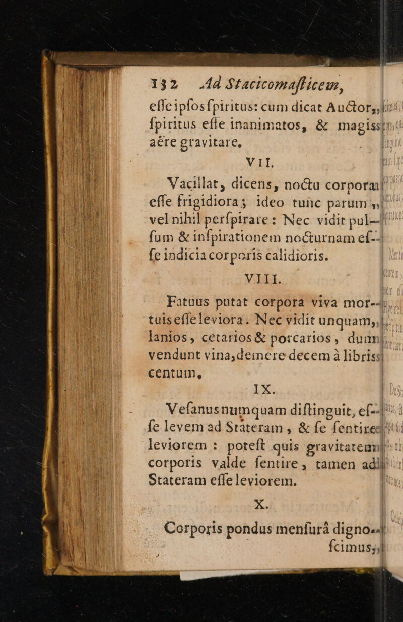effe ipfos fpiritus: cum dicat Auctor, li. fpiritus effe inanimatos, &amp; magisspi« Wit PME aere gravitare, mM . V 1I. Vácillat, dicens, no&amp;u corpora]! Ed effe frigidiora ; ideo tunc parum gy / vel nihil perfpirare : Nec vidit pull fum &amp; infpirationem noc&amp;urnam ef--/ fe indicia corporis calidioris. VIII. Fatuus putat corpora viva mor-Jr tuisefleleviora. Nec vidit unquam;;j. lanios, cetarios &amp; porcarios, dum vendunt vinajdemere decem à librissl centuimn, IX. Vefanusnumquam diflinguit, ef-.] i fe levem ad Stàteram , &amp; fe fentired leviorem : poteft quis gravitateum| corporis valde fentire , tamen adl] Stateram efle leviorem. X. bi Corporis pondus menfurá digno-J] | fcimus;j