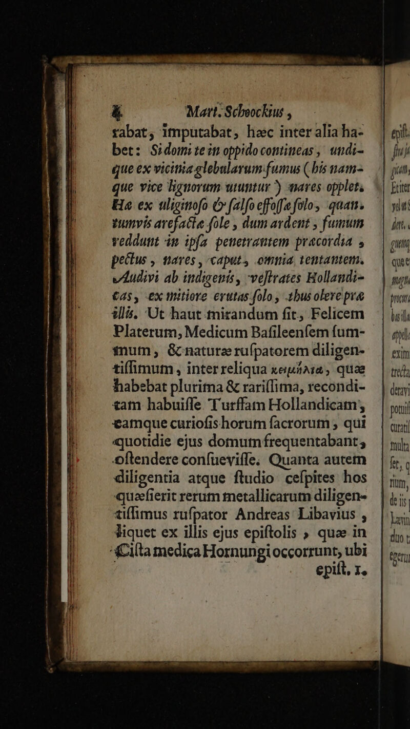 &amp; Matt. Schooclius , fabat, imputabat, hoc inter alia ha- bet: Sidomiteim oppidocontineas , undi- que ex vicitiia elebularum fumus (bis nam- que vice lignorum wtuntur ) ares opplet, He ex uligitiofo Ó falfo effoffe folo, quat. vunvis avefacte fole , dum ardent , fumum veddutit im ipfa penetramtem pracordia , pectus ,, aves , caput, omnia, tentantem. Audivi ab indigenis, ve]trates Hollandi- €45, ex mitiore evttas.folo , -tbusolere pra llis. Ut haut. tnirandum fit, Felicem Platerum, Medicum Bafileenfem fum- fnum; Gcnatureruípatorem diligen- tiffimum , inter reliqua xeuitàia ; quae habebat plurima &amp; rari(lima, recondi- tam habuifle Turffam Hollandicam; eamque curiofis horutn facrorum ; qui quotidie ejus domutnfrequentabant ; ftendere confüeviffe. Quanta autem diligentia atque ftudio cefpites hos quaefierit rerum tetallicarum diligen- tiffimus rufpator Andreas: Libavius , Jiquet ex illis ejus epiftolis » quae in ilta medica Hornungi occorrunt, ubi | e epift, rz, ju Ji gam Enter yii jit. gu quet my pra exit dera potu mila fet, q fium, diis | lan duo t us)
