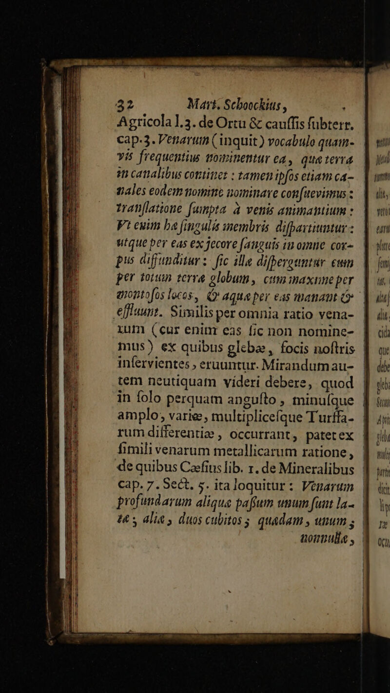 Agricola 1.3. de Ortu &amp; cauffis fübterr. cap-3. Vetiaruim ( inquit ) vocabulo quam- vis frequentius ttowinentur ea , que terra sn canalibus cotttittet : tamen ipfos etiam ca- nales eodem tomitte nominare con[aevimus : zranflatione fumpta à venis amimanium : Ft euim ba fingulis membris difpavtiumturs : sitque ber eas ex jecore fanguis i1 omne. cox- pus diffunditur; fic ille difperountur cwn per torum terr globum, cuta maxineper effiuunt. Similis per omnia ratio vena- ium (cur eniur eas fic non nomine- infervientes ; eruuntur. Mirandumau- tem neutiquam víderi debere, quod in folo perquam angufto , minuíque s li T |