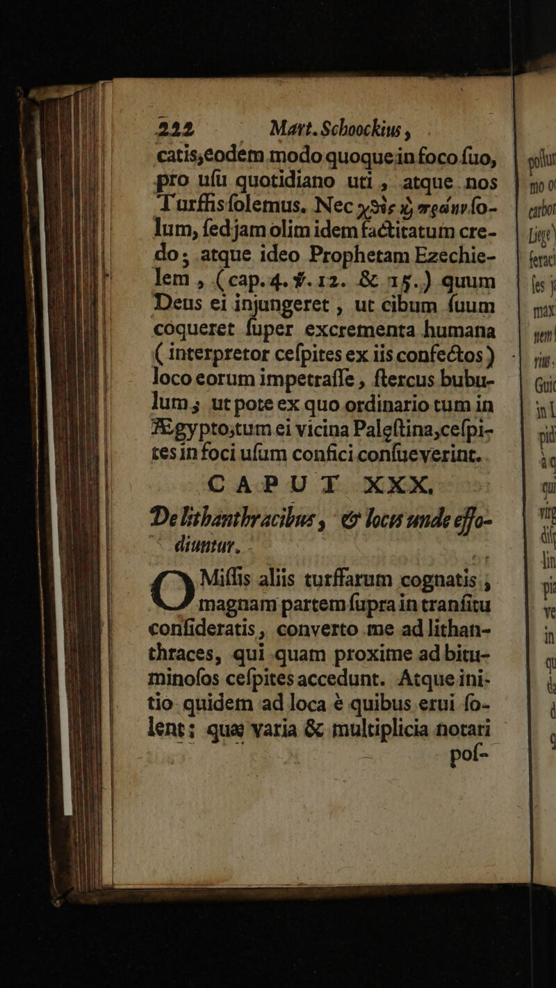 catis,eodem modo quoquein foco fuo, pro uífü quotidiano uti, atque nos Turfhsíolemus. Nec »93ic 3, meaurío- lum, fed jam olim idem factitatum cre- do; atque ideo Prophetam Ezechie- lem , (cap.4. $.12. &amp; 15.) quum Deus ei inyungeret , ut cibum fuum ( interpretor cefpites ex iis confectos ) loco eorum impetraíTe , flercus bubu- lum; utpote ex quo ordinario tum in TEgyptostum ei vicina Paleftina;cefpi- tesinfoci ufum confici confüeverint. CAPUT XXX, De litbantbracibus , e locu unde effo- ^ diuntur. Miffis aliis turffarum cognatis ; magnam partem fupra in tranfitu confideratis, converto me ad lithan- thraces, qui quam proxime ad bitu- minofos cefpites accedunt. Atque ini- tio quidem ad loca é quibus erui fo- lent; que varia &amp; multiplicia neca me mio 0 cirbot Dig? ferat! max