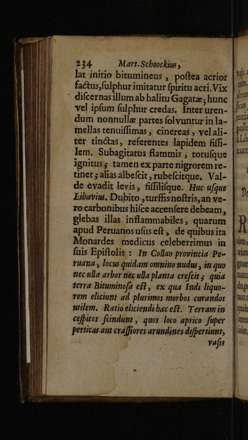 factus,fulphur imitatur fpiritu acri. Vix dicernasillumab halitu Gagatae; hunc vel ipfum fulphur credas. Inter uren- dum nonnulla partes folvuntur in la- yj uM i punt ter tintas, referentes lapidem fiffi- lem. Subagitatus flammis , totuíque ignitus; tamen ex parte nigrorem re- tinet ; alias albefcit , rubefcitque, Val- de evadit levis, fiffilifque. Huc ufque Eibaviu. Dubito ,turffisnoftris,an ve- rocarbonibus hi(ceaccenfere debeam, glebas illas inflammabiles , quarum apud Peruanosufüseft , de quibus ita Monardes medicus celeberrimus in tec ulla arbor tiec ulla planta crefcit 5. quia vem eliciunt ad plurimos morbos curandos utilem. Ratioeliciendi bac est. Terram in cefpites. fcindumt ,/ quos. loco: aprico: füper petticas aut craffiores arumdines -difpertiunt, | vafis