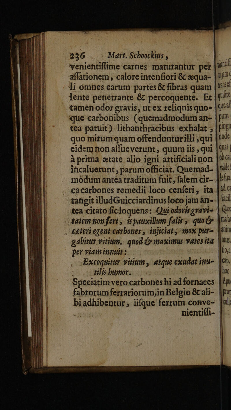 256 . . Mart. Schboockitis venientiífime carnes maturantur per affationem, calore intenfiori &amp; aequa- li ómnes earum partes &amp; fibras quam lente penetrante &amp; percoquente. Et - tamenodor gravis, ut ex reliquis quo- : que carbonibus (quemadmodum an- |P tea patuit) lithanthracibus exhalat ; quo mirumquam offendunturilli qui eidem non affueverunt, quum iis ; qui à prima atate alio igni artificiali non incaluerunt ; parum officiat. Quemad- modum antea traditum fuit; falem cir- cacarbones remedii loco cenferi, ita tangit illudGuicciardinusloco jam an- tea citato ficloquens: Qui odoris gravis | tatem gon fert ,- 6 pauxillum falis quoe . Ceteri egenticarbones, injiciat y qox pur-. | gabitur vitiun, quod G'maximuw vatesita | per viam iuuit : | Excoquitur vitium , atque exudat itu. | tilis bumor. |