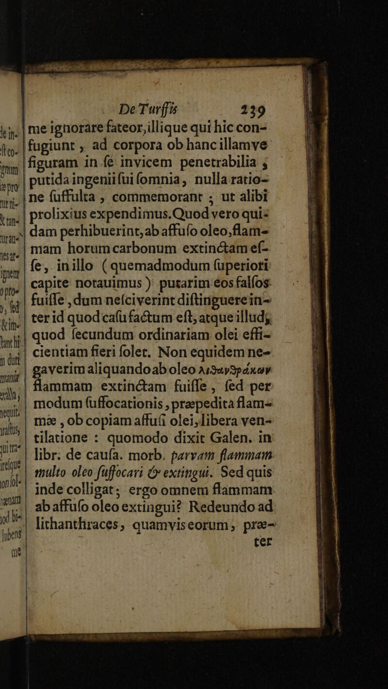 lin. lo Pn enm tfj Y tane ril weate Ip 9pft« n: Kitt- nt f n duri man x etit yaltus Viti rye vemm yd bi^ [bens De Turffis 229 me ignorare fateor, illique qui hic con- |fugiunt , ad corpora ob hancillamve figuram in fé invicem penetrabilia ; || putida ingeniifui fomnia, nulla ratio- ne fuffulta , commemorant ; ut alibi | prolixius expendimus.Quod vero qui: || dam perhibuerint;ab affufo oleo,;flam- mam horumcarbonum extinctam ef- fe, inillo ( quemadmodum (üperiori capite: norauimus ): putarim eos falíos: fuiffe , dum neíciverint diftinguerein- terid quod cau factum eft; atque illud; quod fecundum ordinariam olei effi- | cientiam fieri folet, Non equidem ne- gaverim aliquandoab oleo Ai3«y3pax ov | flammam extinctam fuiffe , (ed per modum (uffocationis , praepedita flam-« m3 , ob copiam affuíi olei,libera ven- tilatione : quomodo dixit Galen. in libr. de cauía. morb. parvam flammam. ttulto oleo fuffocari &amp; extingui. Sed quis inde colligat; ergo omnem flammam | abaffufo oleoextingui? Redeundo ad | lithantliraces, quamviseorum; pre- ter