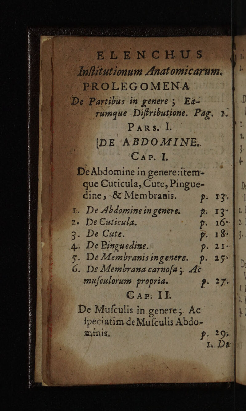 Lo ELENCHI | Inllitutionum Anatomicarum. E ^PROLEG OMEN.A JDe Partibus in genere 5. Ea- | V rwnque Difeributione. Pag. 2. COPA s don IDE ABDOMINE. CA». I, De Abdomine in genere:item- que Cuticula, Cute, Pingue- dine, -&amp; Membranis. De Abdomine in genere. ? P- De €uticula. P. P. P P MO ok De Cate. De Pinguedine. De Membranis imgenere. — p. De Membrana carno[a 4. 4c emufculorum propria. ? CAr. IL De Mufculis in genere;. Ac Ipeciatim deMulculis Abdo- &amp;iinls. oon w ii eM tm ts ce —— €