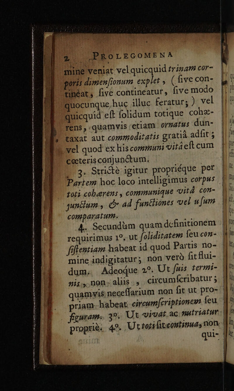 mine veniat velquicquid trinam cor- oris dimen ionum explet » ( five con- tihéat, fivé contineatur, five modo nu quocunque, huc illuc feratur; ) vel ||: quicquid eft folidum totique cohz- || rens, quamvis etiam 0/74fus dun- ||! taxat aut commoditatis gratià adfts |j yel quod ex his commun vitáeftcum || ceeteris conjunctum. Mr] -03. Stricté igitur propriéque pet ||^ Partem hoc loco intelligimus corpus. v foti cobzrens , communique vitd con- | qunélum., C ad funtliones vel u[um comparatum. 4. Secundum quam definitionem requirimus 19, ut folidiratem feu con- fiflemtiam habeat id quod Partis no- mine indigitatur; non veró fitflui- | dum. Adeoáue 2?. Ut fuis termi- | 9ij.,. non. alus. circumfcribatur 5 quamvis, neceffarium non fit ut pro- | priam. habeat circum[criptionem feu. | figuram, 39. Ut vivat. ac natriatur M: propri&amp;«. 49. Ut fori (tcomtinuas non. Mh quis | lt Mme et etm ( eie fett i A tame men mo mn eni « ) —————— HR ————— P ERR ERE — AQ ÓÀ——À ÀÀ— 3 à uw —————O€ (€: : — E A—— Memes nnt m acl