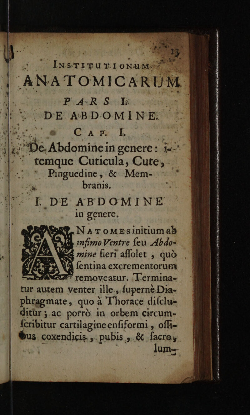 | IxsTirvruTIOoNUuMST D'E. A4BDOMINE: C A'PRBL ; *. Pinguedine, &amp;. Mem- Er branis. in genere, NS UR. NAaroMEsinitiumab eM nfimo Ventre feu Abdo- V2 mine fieri affolet , quà | fentina excrementorum | * remoyeatur. 'l'ermina- tur autem venter ille, fuperné Dia- phragmate, quo à 'Thorace difclu- ditür ;.ac porró in orbem circum- Ícribitur cartilagine enfiformi , ofR- us coxendicis. ,- pubis ;. &amp; facro, | lum-- (——————M — oai