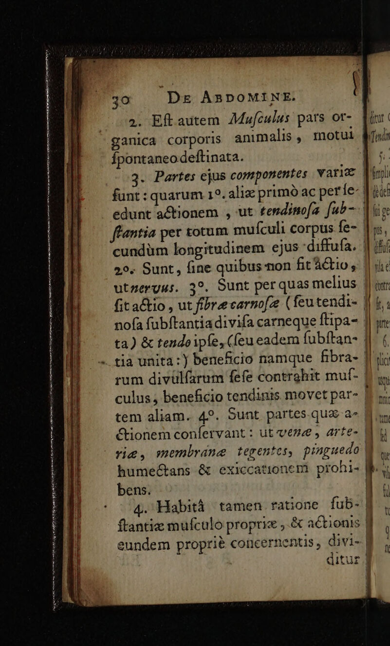 Mme ri C e ur Fm MEN Mens Action mma time P in man ae pes T €—— ám ——ÀM € C E E 30 Dg ABDOMINE. Ü 2. Eft autem AMufculus pars ot-. finr | Ípontaneo deftinata. | b 3. Partes ejus componentes vare Wim funt : quarum 12. alize primo ac per fe- d dud edunt a&amp;tionem , ut tesdimofa fub-- | ig ffantia pet totum mufculi corpus fe- | i. cundüm longitudinem ejus diffufa. d uf 25. Sunt, fine quibus-non fit &amp;Ctio y 1 dit utzergus. 39. Sunt perquas melius law fit actio , ut fibre carmo[ze ( feutendi- | nofa fubftantiadivifa carneque ftipa- || yr ta) &amp; tendoipíe, (eu eadem fubítan- ||. ( t — *— rum divülfarum fefe contrghit muf- 1, culus , beneficio tendinis movet par- Eg tem aliam. 49. Sunt partes.qua a« B E ctionem confervant : ut ven » arte- | hume&amp;ans &amp; exiccationemi prohi- 4 bens. | 4. Habità tamen ratone fub- 6. ftantie mufculo propriz ;.&amp; actionis f | eundem proprié concernentis, divi- P, E | ditur d