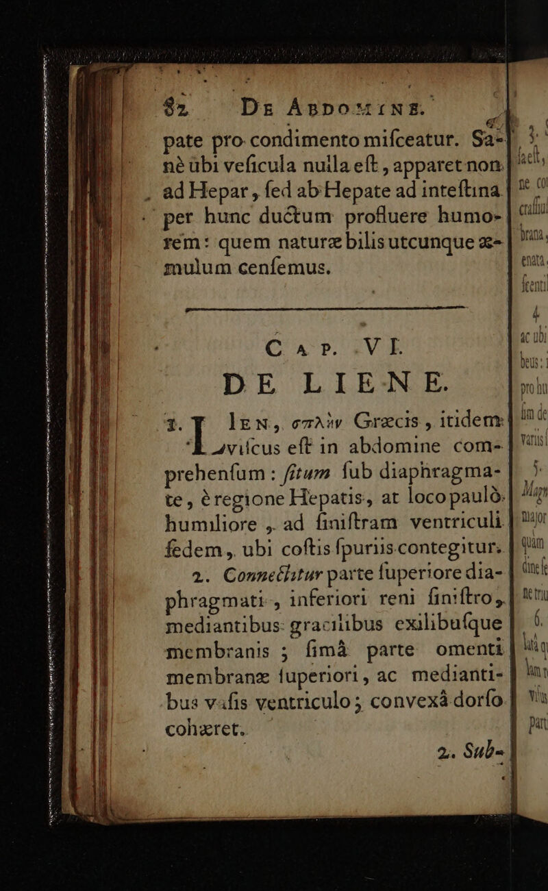 S Axe Me Rs € feet igit Speer tret tem E A «x pate pro condimento mifceatur. Sa- per hunc ductum profluere humo- rem: quem naturz bilis utcunque az» mulum cenfíemus. CAP QUE DE LIE:N E. *T ]E N, ccv Grazcis , itidem | E 2viícus eff in abdomine com- prehenfum : fitum fub diaphragma- te , éregione Hepatis, at loco paulóà. humiliore ,. ad finiftram ventriculi fedem, ubi coftis fpuriis.contegitur.. 2. Connetlitur parte fuperiore dia- phragmati., inferiori reni finiftro,. mediantibus: graciiibus exilibufque | membranis ; fimá parte omenti membranzx fuperiori , ac medianti- | ! bus v«fis ventriculo ; convexá dorfo | cohzret. | | Zz. Sub- |