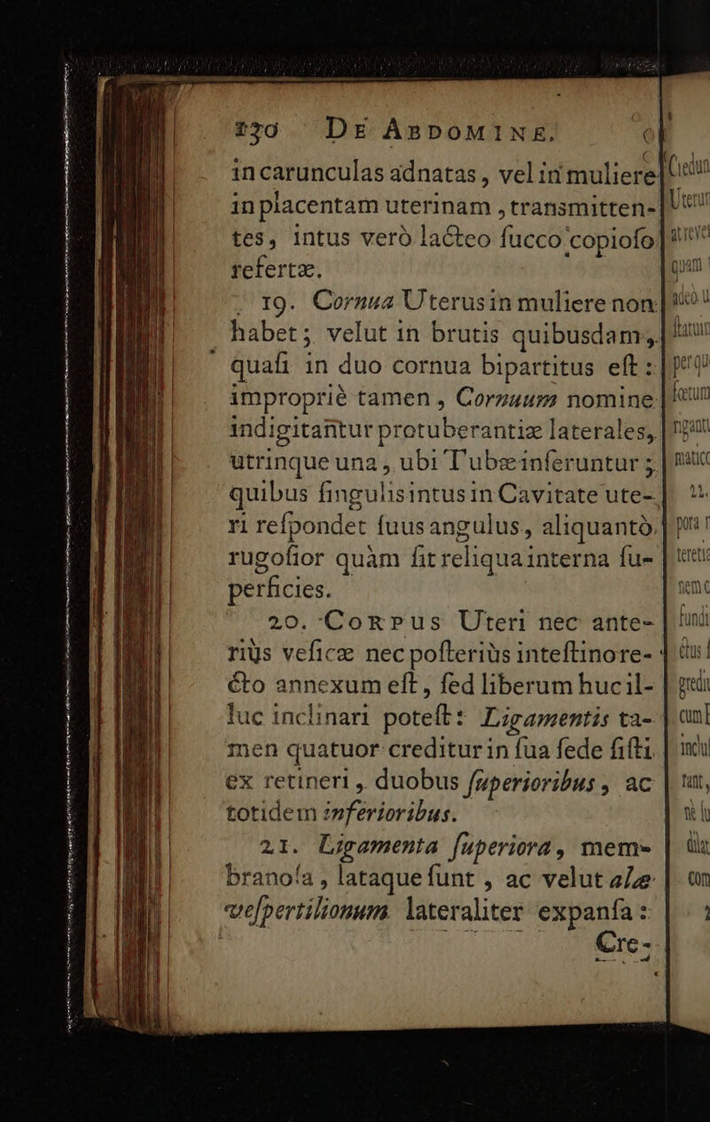 — M (et mi 7350 DE AspoMINE. 1n carunculas adnatas , vel in muliere inplacentam uterinam , transmitten- tes, intus vero lacteo fucco'copiofo refertz. . I9. Cornua Uterusin muliere non: habet ;. velut in brutis quibusdam; improprié tamen , Corguum nomine indigitantur protuberantiz laterales, utrinque una , ubi T'ubeinferuntur ; quibus fingulisintus in Cavitate ute-. ri refpondet fuus angulus, aliquanto. rugofior quàm fit reliquainterna fu- perficies. 20. 'Com&amp;Pus Urteri nec ante- rius vefice nec pofteriüs inteflinore- : éto annexum elt , fed liberum hucil- luc inclinari poteft : Ligamentis ta- men quatuor creditur in fua fede fifti ex retineri , duobus fuperioribus , ac totidem zvferioribus. 21. Ligamenta [uperiora, mem» brano/a , lataque funt , ac velut aZe ! d aet acuti Yer 01] pa uu ! foetum [ undi Qus | gredi cm] inu tant, an