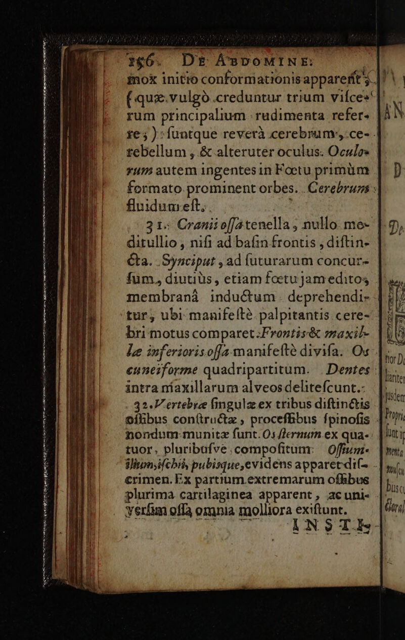 | 1$6. DE ÁSDOMINE: | inox initio conformationisappareftt j.|. ' ( qui&amp;.vulgó creduntur trium vifces'|. rum principalium : rudimenta refer- 1e5 ) :funtque reverà cerebrumv,.ce- - tebellum , &amp;.alteruter oculus. Oculos 47: autem ingentes in Foetu primüm formato prominent orbes. . Cerebrums : fluidumreft,. Mot 31: Cranii [Ja tenella , nullo. me- ditullio , nifi ad bafin frontis , diftin- ta. .Synciput , ad futurarum concur- fum. diutiüs, etiam foetu Jam editos membranáà inductum. deprehendi- tur, ubi manifeltà. palpitantis cere- bri motus comparet: Frontis&amp; maxil- le inferiorisof/a mamtfefté divifa. Os euneiforme quadripartitum. |. Dentes intra níaxillarum alveosdelitefcunt.- 32V ertebree fingulze ex tribus diftiné&amp;tis oibus con(tructz ; procefBbus fpinofis Nr VA |INSTIS|