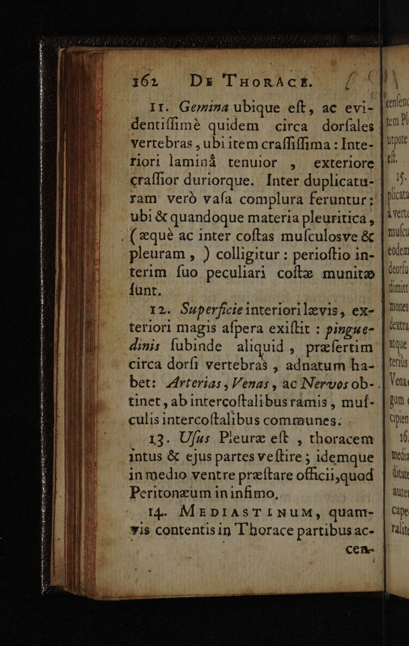 (Serie evt Mira D tme temm Ce qnm tt m in eterne Ir. Gemina ubique eft, ac evi- vertebras , ubi item craffiffima : Inte- riori laminá tenuior , exteriore craffior duriorque. Inter duplicatu- ram veró vafa complura feruntur; ubi &amp; quandoque materia pleuritica , pleuram , ) colligitur : perioflio in- terim fuo peculiari coitz munite funt. teriori magis afpera exillit : pingue- dinis fubinde aliquid , praefertim circa dorfi vertebras , adnatum ha- tinet , ab intercoftalibus ramis , muf- culis intercoftalibus communes. 13. Ufus Pieurz eít , thoracem intus &amp; ejus partes velLire ; idemque in medio ventre przítare officii,quod Peritonzum ininfimo, It4- MEDIASTINUM, quant- vis contentis in T'horace partibus ac- cem- eodem deorlu ditt destra ique fenus Veni gum | Cien ) fedt ditat Aute Cape Tali