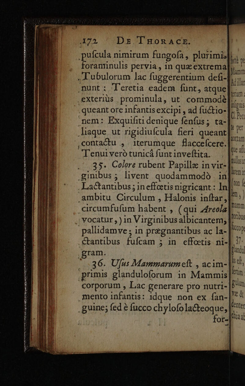 pufcula nimirum fungofa, plurimi;|| Esulis pervia, in quz extrema , JL ubulorum lac fuggerentium defi-| .nunt ; Teretia eadem fünt, atque exterius prominula, ut commode E. queant ore infantis excipi , ad füctio-| ' b. .nem: Exquifiti denique fenfus ; ta- I Y liaque ut rigidiufcula fieri queant| contactu , iterumque flaccefcere. pan Tenuiveró tunicá funt inveftita. »  ...35. Colere rubent Papillz in vir- E. ginibus; livent quodammodó in] ' . Lactantibus ; in effeetis nigricant : In .ambitu Circulum , Halonis inftar, circumfufum habent , (qui z4reo/a .; Vocatur , ) in Virginibus albicantem; -pallidamve; in pregnantibus ac la- Ctantibus fuícam ; in effoetis ni- ram. 36. Ufus Mammarumett , acim- primis glanduloforum in Mammis corporum , Lac generare pro nutri- mento infantis: idque non ex fan- .guine; fed &amp; fucco chylofo la&amp;teoque, for-| ^ Met nm nom arte n n ime ATI nt gem qua ri P eam ne EE ME WE Reg i VEN Mn mA p signs iid Tenn Hn TY t mem Ret meet etn on