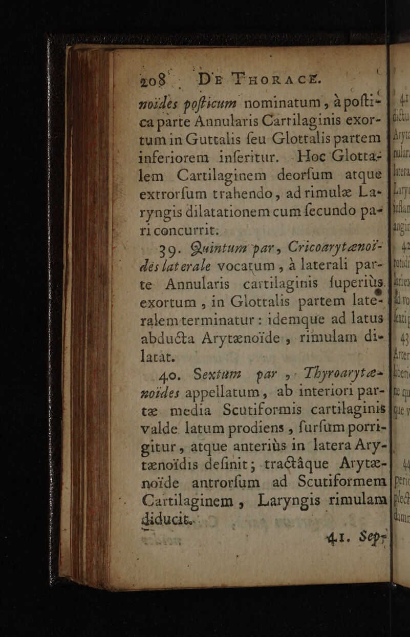 zog.. Dr Puonact. ' noides poflicum nominatum , à pofti- ca parte Aunularis Cartilaginis exor- tum in Guttalis feu Glottalis partem | inferiorem. inferitur. - Hoc Glotta- lem Carülaginem deorfum atque extrorfum trahendo, ad rimule La- ryngis dilatationem cum fecundo pa* riconcurrit; 39. Quintum par, Cricoarytzenot- dés laterale vocatum , à laterali par- te Annularis cairtilaginis fuperius. exortum , in Glottalis partem late- [4r ralem terminatur : idemque ad latus Jl: abdu&a Arytenoide , rimulam die latàt. | 4o. Sextum par ,- Tbyroarytees 4oides appellatum , ab interiori pat- [rc tx media Scutiformis cartilaginus Jui; valde latum prodiens , furfüm porrt- gitur, àtque anteriüs in latera Ary-| tenoidis definit; tractáque Arytz- noide antrorfum. ad Scutiformem Caitilaginem ,' Laryngis rimulam |[|^à diducit..- Nw. li 41. Sepz| —€Ó—4————— tke or meme CR