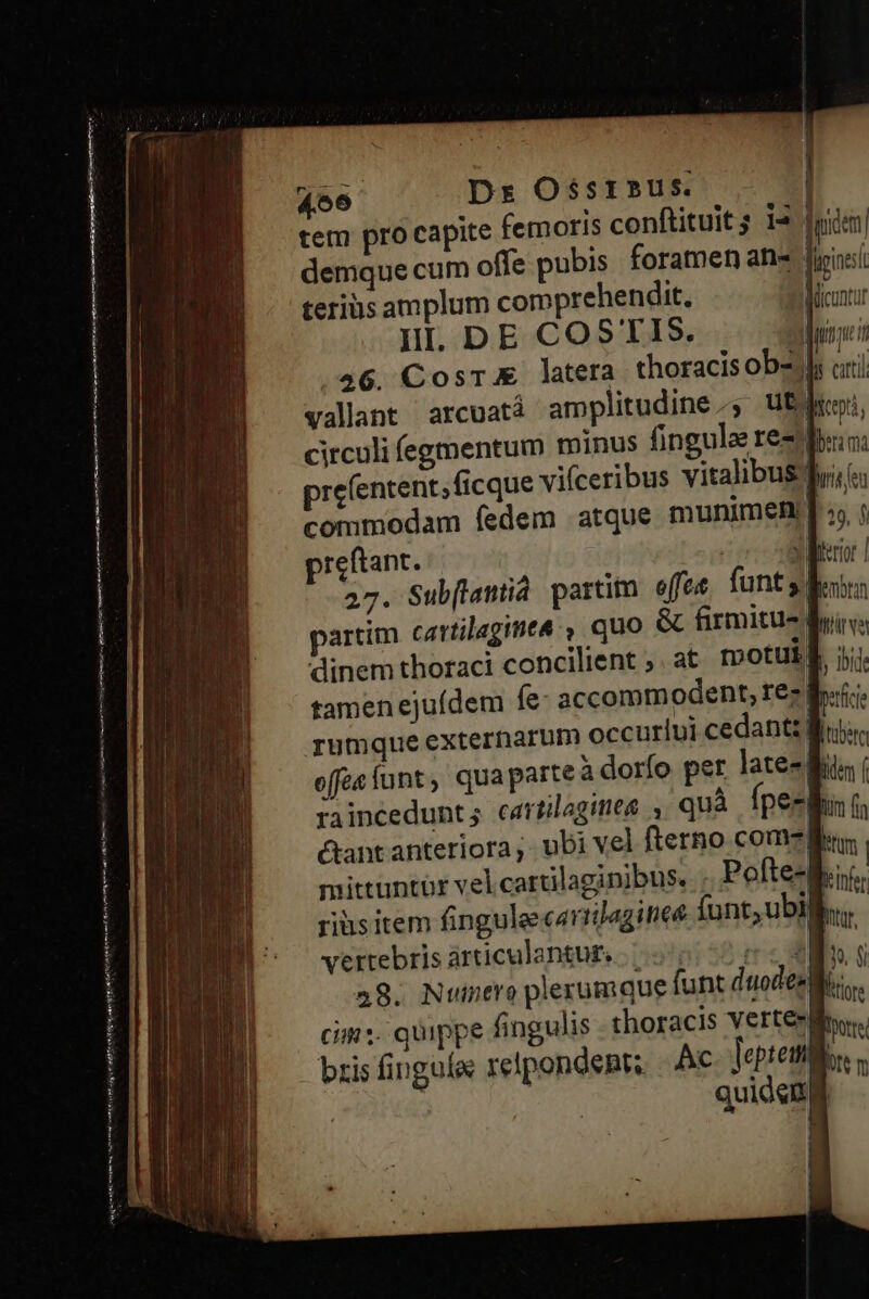 n———— (on EE D ——— C —————— a e i 468 Dt OssrBus. ^ tem pro capite femoris conftituit 14 [yiden| demque cum offe pubis foramen ah fiii terius amplum comprehendit, 9 contar HL DE COSTIS. Mni 46. Cosr&amp; latera thoracis ob-.l: ari valant arcuatá amplitudine ^, UE, circuli (egmentum minus fingule rez: pre(entent;ficque vifceribus vitalibus jr commodam fedem atque munimeHg:» preftant. Zu 4 47. Sub[lamiià partim efte funt s ra partim cartilagint4 » quo &amp; firmitue dir dinem thoraci concilient ;. at. TDOLUET. jjj] tamenejuídem fe accommodent, re rf; rumque externarum occuriul cedant B: offa funt ; quaparte à dorfo pet late- Bu ( raincedunt; cartlagimes , quà !peemu | ctant anteriora ,. ubi vel fterno com, kn. mittuntür vel.cartilaginibus. Pofte-Bit. ribs item finguleecarrlaginee funt; ubi. vertebris articulantur. | i CSEv s 48. Nuinero plerumque funt dudes. cii :- quippe fingulis thoracis VerteMno:. Jepremios quidend ! |