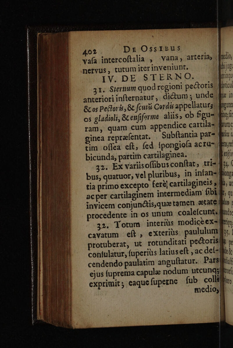 ——— — ergibt tiit mae er man aerem an etin 4012 Dr Ossrisus ^ nervus, tutum iter inveniunt. IV. DE STERNO. &t os Pectoris & fcurá Cordis appellaturs, ginca reprafentat. Subftantia par- bicunda, partir cartilaginea. tia primo excepto fere cartilagineis » procedente in os unum coaleícunt, cavatum eft, eXteriüs. paululum