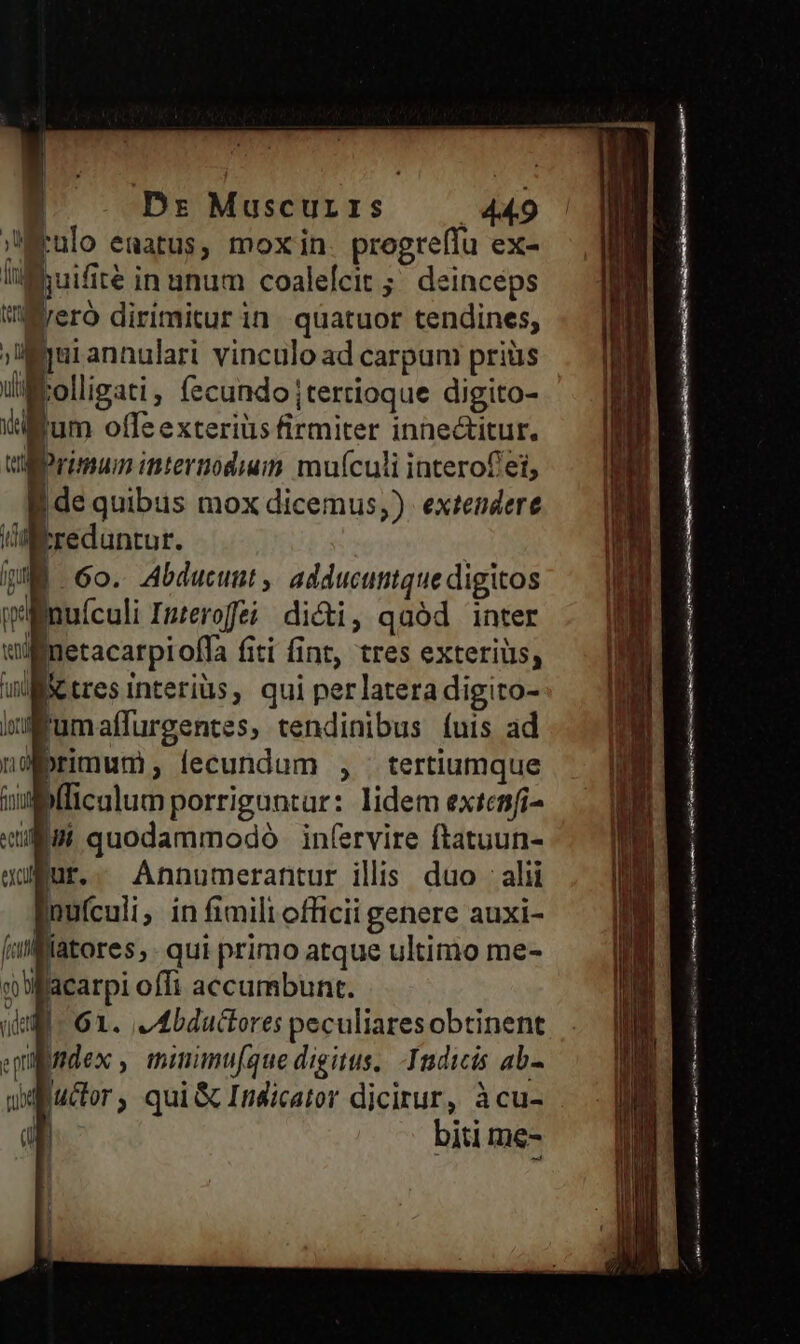 Dr Muscurrs 449 »Neulo eaatus, moxiin. pregreffu ex- UiMhuifite in unum coalelcit ;; deinceps Wero dirímiturin quatuor tendines, jl hui annulari vinculo ad carpum priüs üMEolligati, fecundo jterrioque digito- «um offzexteriüsfirmiter inne&amp;itur. wilPrimun internodium mufculi interof'ei, B de quibus mox dicemus;). extendere i reduntur. QU Go. Abducunt, adducuntque digitos ilimuículi Inzerofei dici, qaód inter wmetacarpiofla fiti fint, tres exterius, uli tres interius, qui perlatera digito- iumaffurgentes, tendinibus fuis ad nd brimum fecundum , . tertiumque ubfficalumporriguntar: lidem extcn[i- un quodammodó infervire ftatuun- uuEur.. Annumerantur ilis duo alii inuículi, in fimili officii genere auxi- [amfllatores,. qui primo atque ultimo me- v ofacarpi offi accambunt. qii G1. IM bdutores peculiaresobtinent enipmdex , mimmu(que digitus. -Tndicis ab- usfuctor, qui &amp; Indicator dicitur, àcu- 1 bit me: ! (Ü p———ÀS d