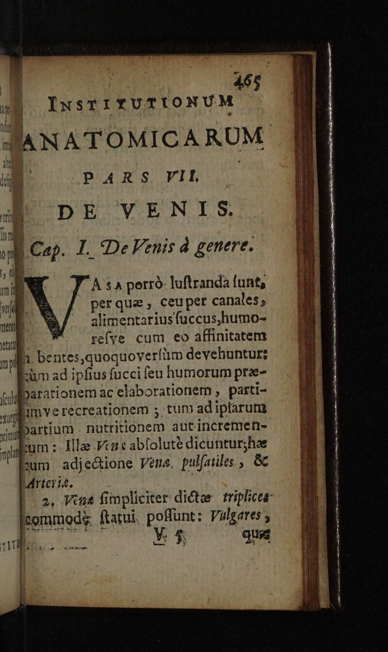 46$ IxsTITYTUTIONUM  Cap. I. *De Fenis à genere. r Y Asa perró- luftranda funt, | perque, ceuper canales, alimentariusfuccus,humo- te(ve cum eo affinitatem fcu yum, Ji : .Bbartium . nutritionem autincremen- imme irá jum: Illae Vene abfolute dicuntur;hae sum adje&amp;ione Vene, pulfaules , &amp; Mrteris. 2, Vin fimpliciter dictee triplices- commod ftatui, poffunt: Vulgares ; DLE p