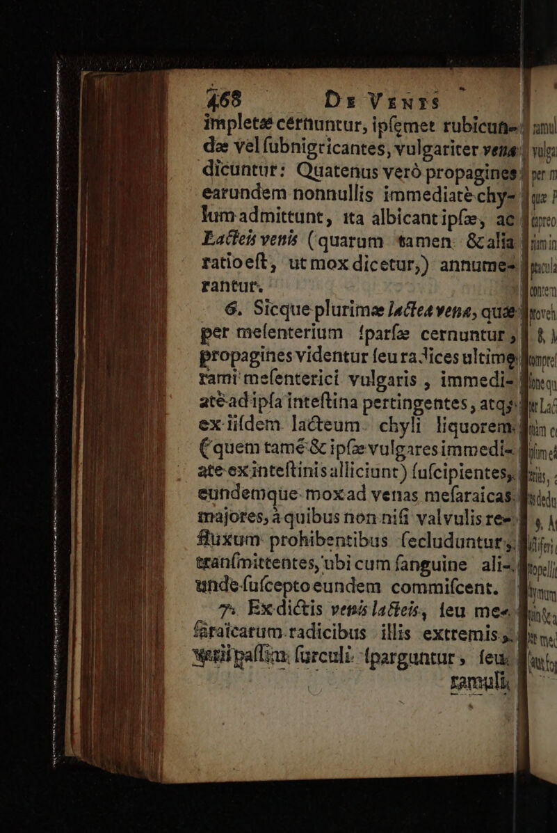 inapletsé cértuntur, ip(emet rubicutie ] smi da vel fuübnigricantes, vulgariter vens | wis dicuntur: Quatenus veró propagines xr; earundem nonnullis immediaté chys Ju: ; lum admittunt, ita albicant ipfa ae fore Eatfeis venis (quarum tamen. Gzalia fini ratioeft, utmox dicetur) annumes foi rantut. ! onte 6. Sicque plurimae ]«ctea vena, quat Muse per melenterium | !parfze cernuntur 5] 6.) propagines videntur feura lices ultime Bor: rami mefenterici vulgaris , immedi- Bi; atéad ipfa inteftina pertingentes , atqs le; ex iifdem lacteum. chyli liquorem: (quem tamé&amp; ipe vulgares immedi- Bin ate ex inteftinis alliciunt) fufcipientes;. itis, eundemque: moxad venas mefaraicas Bis majores, à quibus non nifi valvulis re- f, 1 fluxum prohibentibus (ecludunturg Ro; tran(mittentes, ubi cum fanguine ali-;| tope] undefufceptoeundem commifcent. Bis. 7. Ex dictis vetiis latieis, teu me« Mu. faraicatum.radicibus illis extremis. M me xti paliar urculi. pargantur, feu tis ramuli d n nim me nem e mtn o Bn t arme s ims Sha e i mt Ren a i t ina | Tt m teet ome om oj sm itte et As oe 1 ru ttm ae qe mnt em ae at mi