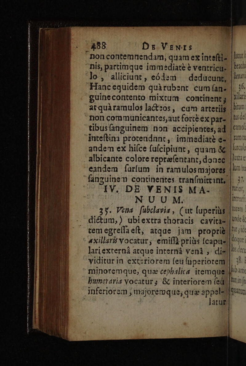 Haute cn HC ae dent aa m tt mme (e mm eme teme M ————ÀÀ 9A 'js — 498 Dr Vzrwrs ! noncontemnendam, quam ex intsfti- Dis, partimque immediate e ventricu- Hancequidem quàrubent cum (an- guinecontento mixtum continent; atquàramulos lactzos | cam arteriis tibus(anguinem non accipientes, ad andem ex hiíce fuícipiunt, quam.&amp; albicante colore reprafentant, donec IV, DE VENIS MA- NUUM. 35. Vena. fubclavia , (ut luperiüs temegreífaeft, atque jim proprie lari externá atque internáà veni ,- di- viditurin extsriorem (eu fuperiotem minoremque, qua cepbalica itemque bumeraria vocatur; &amp; interiorem (ed lut i brach enr . Y xillar) bitum. tus del (4tnof. Juxta e ] : fib art Qut in f