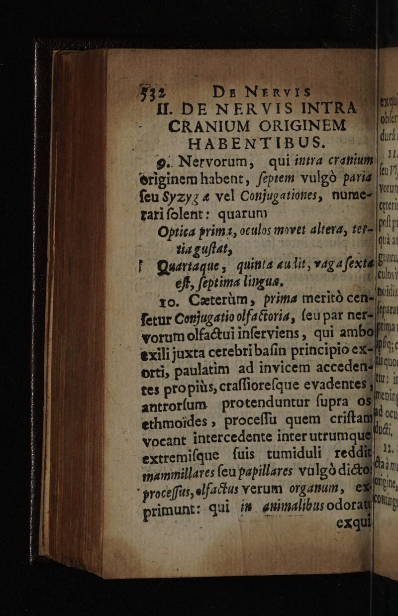 P 4t im aj, ct gh tn cn LAC e ient a Ra ntt me qe met em ae HP tr A IL. DE NERVIS INTRA S CRANIUM ORIGINEM € HABENTIBUS. 9. Nervorum, qui intra crafium eriginem habent, feptem vulgó paria feu Syzyz 4 vel Conjugatioes, nume parifolent: quarum Optica prim, oculos movet altera, tee tía guflat; Quartaque ; quitila 4u1it, vaga fext ejt, feptima lingua. to. Ceterüm, prima meritó cene fetur Cotrjugatio olfactoria, (eu par neri vorum olfa&amp;ui inferviens , qui ambo) exili juxta cerebriba(in principio exe orti, paulatim ad invicem accedens, tes propius craffiore(que evadentes, T: d antroríum protenduntur fupra 08 D ethmoides , proceífu quem criftam ^ vocant intercedente inter utrumque Adi extremi(que fuis tumiduli reddip, smaminillares (eu papillares valgó dicto] * proceffus, elfactus verum orgatum, e D primunt: qui í4 guittdlibus odora | exqui K