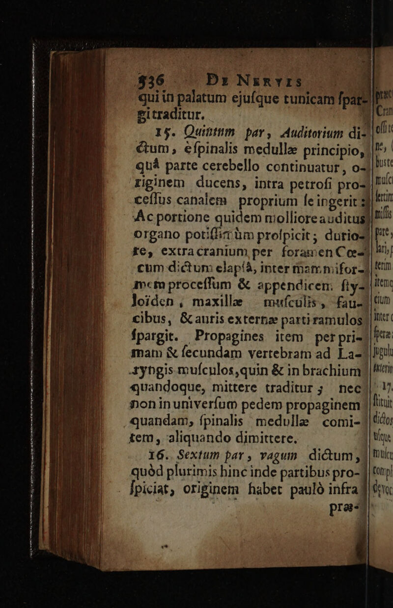 IW meme ma ntes omnim f ntt rn A Ree dena tti miae e met mnm a mn LN gitraditur. TM  15. Quinttm. par, Auditorium di. ctum, éfpinalis medulla principio; | quá parte cerebello continuatur, o] riginem ducens, intra petrofi pro2|! ceffus canalem proprium le ingerit 39^ :Ác portione quidem molliore did organo poti(liüm profpicit; durio2 fe, extracranium per foramen Ce] cum dictum elapíà, inter mammifor-]! mcm proceffum &amp; appendicem. fiyz)! loiden , maxille — mufculis, fau-]! Cibus, &amp;auris externae parti ramulos) fpargit. Propagines item perpri-]!' Quandoque, mittere traditur ; nec]. noninuniveríum pedem propaginem) quandam, fpinalis medullee | comi-] tem, aliquando dimittere. 16. Sextum par, vagum dictum; quód plurimis hinc inde partibus pro- jpiciat, originem habet pauló infra) | pra-d