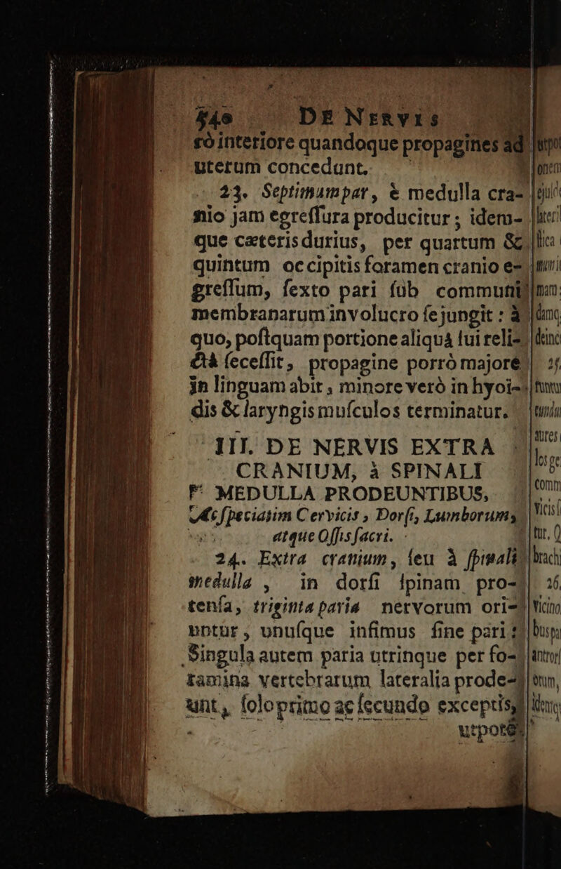 $4 DENrRYIS £ó interiore quandoq uterum concedant, | 23. Septiumpar, &amp; medulla cra- [9^ nio jam eereffura producitur ; idem- |l! que caterisdurius, per quartum &amp; |l: quintum occipitis foramen cranio e- greffum, fexto pari füb. commutiij membraparum involucro fejungit : à? quo, poftquam portione aliquà lui reli: €tà (eceffit, propagine porró majoré jn linguam abir , minore veró in hyoi-: dis &amp; laryhgis mufculos terminatur. | tuia 1II DE NERVIS EXTRA |^ CRANIUM, à SPINALI F' MEDULLA PRODEUNTIBUS, v fpeciatim Cervicis , Dor(r, Lumborums heit S atque Offis facri. 24. Extra cratium, Íeu à fpinali? wedula , in dorfi lpinam pro-? tenía, triginta paria nervorum ori-j t bptür, unuíque infimus fine pari £j Singula autem paria utrinque per fo-d jii tamina vertebrarum lateralia prode-ditun, unt, foloprimo ae [cundo excepi lm : | utpote P. ette m tst Cem m oj a itte e m aie dn P Ático vei