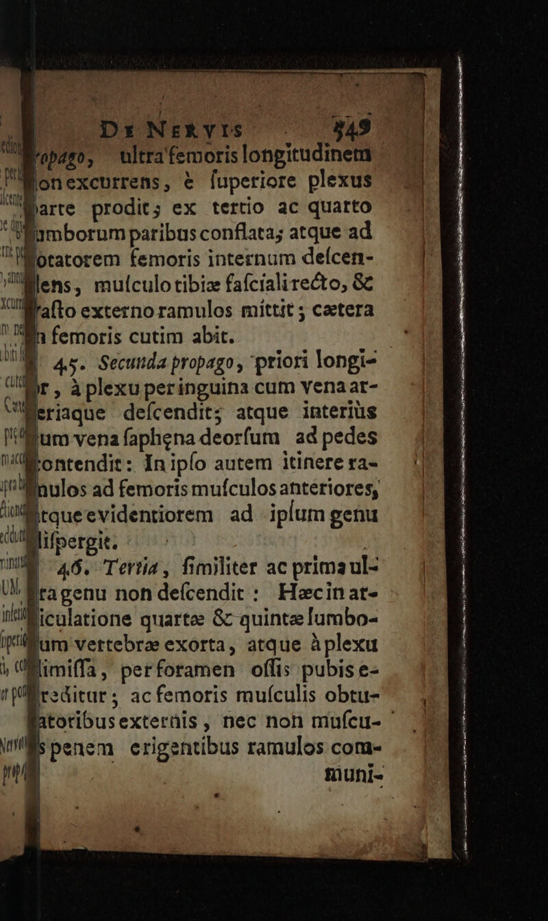 : Ds NER YIS S TAS fepdgo, Ultrafemoris longitudinem Monexcorrens, &amp; fuperiore plexus ii arte prodit; ex tertio ac quarto *Üsmborum paribus conflata; atque ad 4 d otatorem femoris internum deícen- lens, mulculotibize fafcialirecto, GC Mr afto externo ramulos mittit ; caetera ' lin femoris cutim abit. E 45. Secunda propago, priori longi- illie. à plexuperinguina cum venaat- UVüMeriaque defcendit; atque interius Rum vena faphena deorfum ad pedes jontendit: In ipío autem itinere ra- ulos ad femoris mufculos anteriores, qu Btqueevidentiorem ad iplum genu i lifpergit. i uum 46. Tertia, fimiliter ac prima ul Ul. Mea genu non deícendit : Hecinat- niai liculatione quartee Gc quinte lumbo- ipit 'üm vertebra exorta, atque àplexu j UMimiffa, perforamen offis pubis e- m editur ; acfemoris muículis obtu- - Ws benem erigsntibus ramulos com- ———— Pd - p— M —