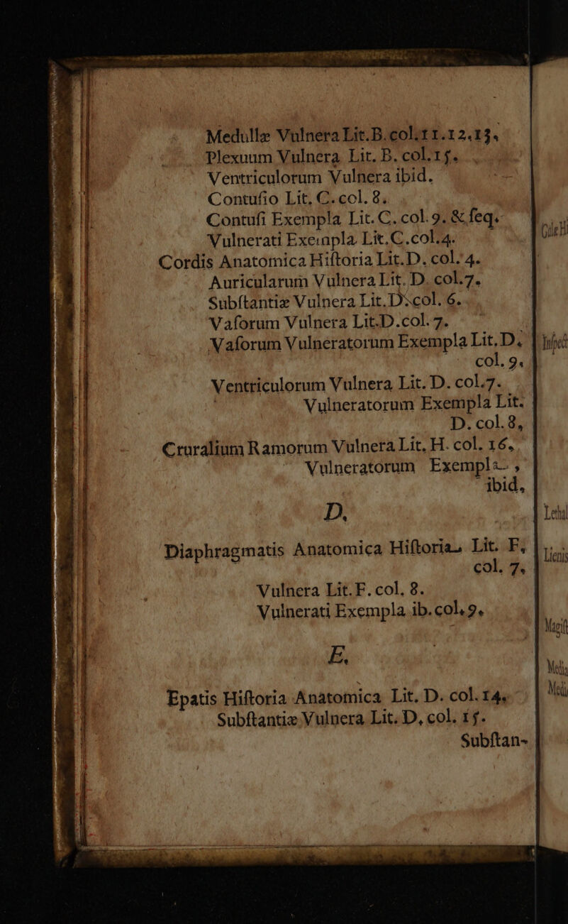 1 P uw Z 1 *e Medulle Vulnera Lit.D.col;t 1.12.1 j. Plexuum Vulnera. Lit. B. col.15. Ventriculorum Vulnera ibid. Contufio Lit. C. col. 8; Contufi Exempla Lit. C. col. 9. & feq. Vulnerati Exe:apla Lit.C.col.4. Cordis Anatomica Hiftoria Lit. D. col.'4. Auricularum Vulnera Lit. D. col.7. Subítantix Vulnera Lit. D2col. 6. Vaforum Vulnera Lit.D.col. 7. Vaforum Vulneratorum Exempla Lit.D. Nt 8cOl. 9« Ventriculorum Vulnera Lit. D. col.7. Vulneratorum Exempla Lit. | D. col.3, Cruralium Ramorum Vulnera Lit, H. col. 16. | Vulneratorum Exempl , bid, D. Diaphragmatis Anatomica Hiftorias Lic i col. 7, Cile fec | Leti Líenis Vulnera Lit. F. col. 8. Vulnerati Exempla ib.col.2, E. Epatis Hiftoria Anatomica. Lit. D. col. 14, Subftantiz Vulnera Lit. D, col. 1f. Subftan-