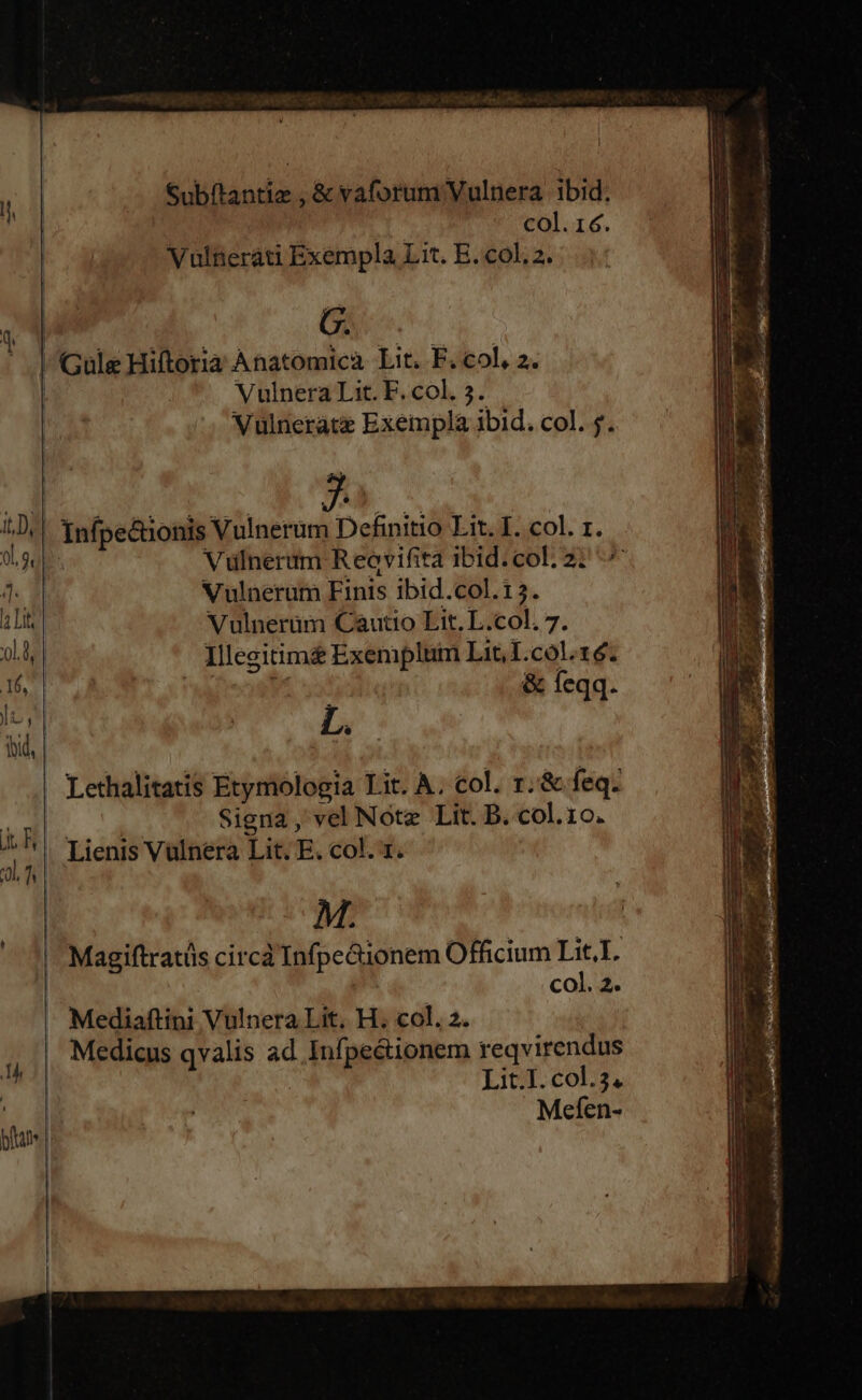 Subíftantie , &amp; vaforum Vulnera ibid. col. 16. Vulnerati Exempla Lit. E. col. 2. l G. Gule Hiftoria Anatomica Lit. F. col, 2. | | Vulnera Lit. F. col. 5. Vulnerate Exeinpla ibid. col. 5. D 7 1D, | 1nfpe&amp;ionis Vulnerum Definitio Lit. I. col. 1. 9l, Vülnerum Reovifità ibid.col;:2: ^ d Vulnerum Finis ibid.col.13. a Lt Vulnerüm Cautio Lit. L.col. 7. | Illegitim&amp; Exemplum Lit, I.col.16. GM &amp; feqq. Lethalitatis Etymologia Lit. A; col. 1. &amp; feq. | Signa , vel Note Lit. B. col.10. Lienis Vulnera Lit. E. col. 1. M. Magiftratüs circà Infpe&amp;ionem Officium Lit.I. col. 2. Mediaftini Vulnera Lit. H. col. 2. Medicus qvalis ad. Infpe&amp;ionem reqvirendus | Lit.I. col. DL. Mefen- CO GF SL tos Saa, Ss OO Nada e qim d : am Ais oder Z2 enses E eeats