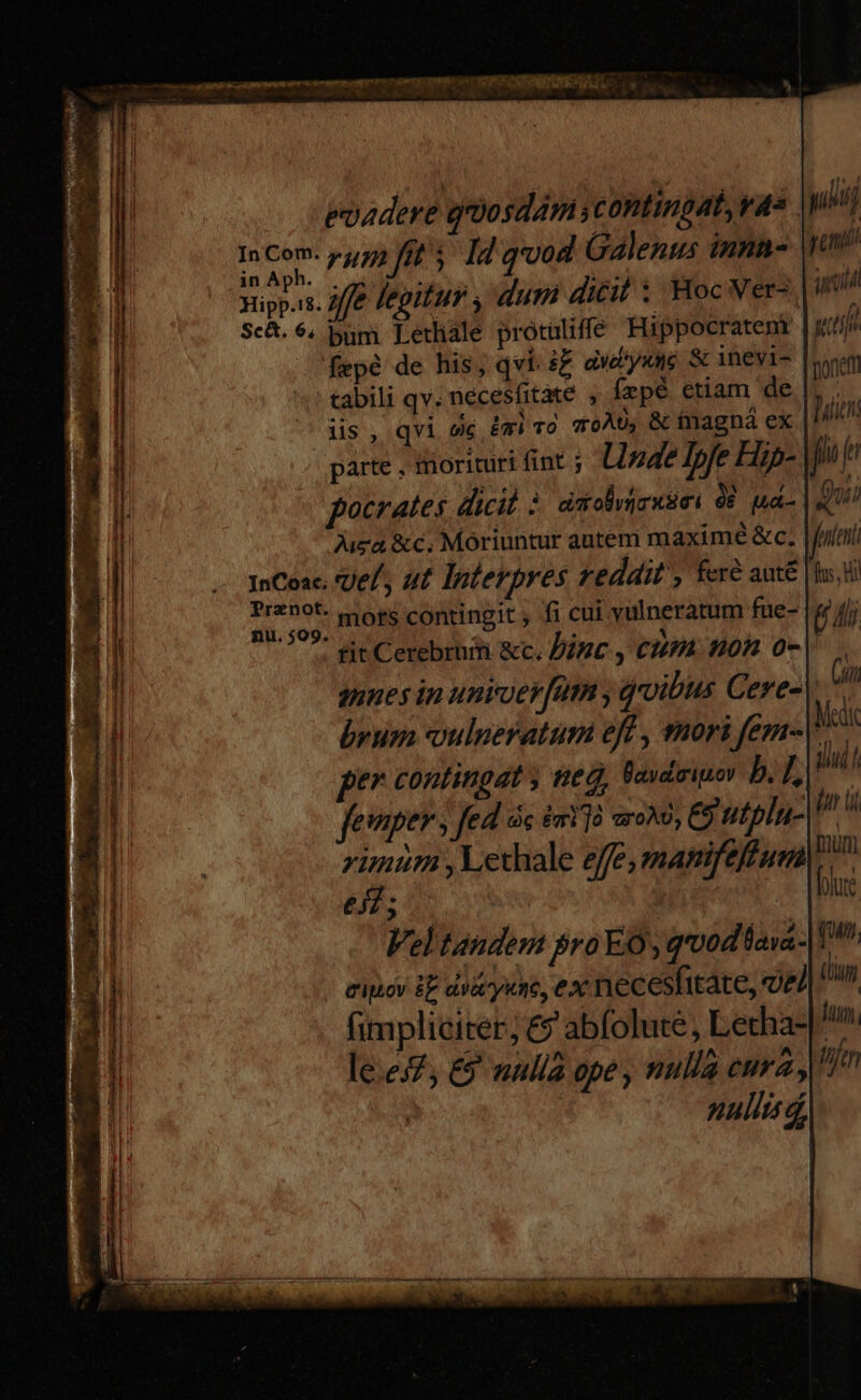ybi remi T [tib nonet fuien. fine dii fen ns, Hi Lu . Cn Med diui Á dur ul mum folur (7d evadere guosdám contingat, y4s fepé de his, qvi s dwtyane X inevi- tabili qv. nécesfitàte , Ízpé etiam de iis , qvi dic imi vo 70À0, & fmagná ex parte , morituri fint ; Linde lpfe Hip- pocrates dicil 3 dsolbvicwies 66 uai Aca &c, Moriuntur autem maximé &c. tit Cerebruim &c. Pince , Cum non o- ines in unioerfum y qoibus Cere- brum vulseratum eff , mori fem- per contingat ; ned, Bavdeinov b. L,| femper s fed dc $132 aro^v, ES tt pln- rimum ,Lethale effe, manifeffum Vel tandem ro EO, qrood$ava- T. | eiuov 8E dvi'yesc, ex necesfitate, vel (iun fimpliciter; &9 abfolute , Lecha- jm le.e2; &9 nulla ope , nulla eura, n j null,