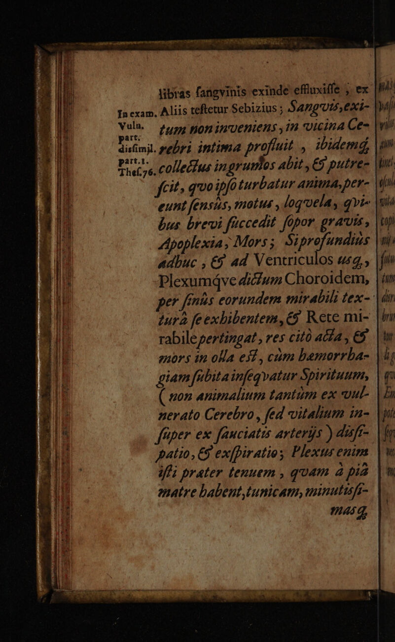 ^ aod dca Rer err mma m Tuemc y^ puta ve CSS DASUNEEN 2 libras fangvinis exinde effixiffe , ex | In exam, Aliis teftetur Sebizius ; Sang'uts, exi- | Vula.— 2,2 Honineniens ,in vicina Ces part: Lalpll ds NL) distimjl. sebri. intima profluit , ibidem, |, Viet7e. Collec]uo ingrumos Abit , €9 putrex |i fcit quo ipfoturbatur anima. per- o eunt fensus, notus , logq'oelas qvi« ut bus. brevi füccedit. fopor. grauts , | Apoplexia ; Mors; 5i profundius |ui adhuc , € ad Ventriculos s, |f Plexumqve dum Choroidem, per fenis eorundem snir bili tex- d tura feexhibentem,€9. Rete mi- rabilepertingat , res citó a4, €. |! enors in olla esd , cm bamorrba- | giam fübitainfegvatur Spirituum, ( non animalium tantum ex ul- nerato Cerebro, fed vitalium in- | fpe ex fauciatis arterijs ) duft- patio, E9 ex[piratioy Plextus enim ifli prater tenuem , quam à pia |. matre babent tunicam, minutisfr-