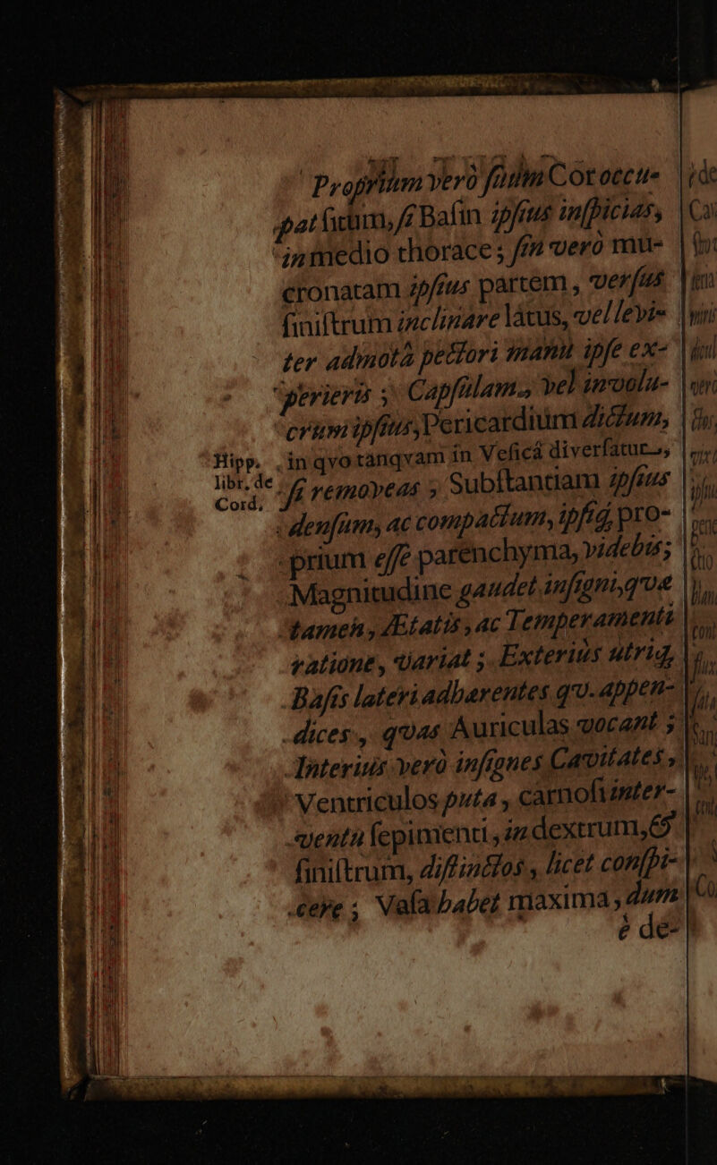 à RR E c Rttun togae m  T ^ . dim - T ] x Lu Y T Proprium veró fofn Cot oecti- qat factnm, e Bafin 29i infpicias, igmedio thorace ; ff vero mu- cronatam ifj partem , verfus fniftrum inclinare látus, vel levi | wii ter admota pectori manu ipfe ex- li Berierts 5 Capfalam., vel imoola- crümiipftu ericardium Zrwps, | fh P .inqvotanqxam in Veficá diverfaturs, * f removeds 5 Subftanciam zp/eus |... -denfum ac compacium, ipfii pro- | -prium eff? parenchyma, videbts; | » .. Magnitudine gaudet infigni que | famen, dEtatis ,ac Temperamenti. zationt , Variat ;. Exterits utrig, | Bafís lateri adbarentes qno. appen-. dices, quas Auriculas gocant 5 Y 4 lteritis verà infignes Cacoitates ^A. - Ventriculos puta , carmoftmter- ventu fepimenti y 47 dextrum, 69. | finiltrum, diffintfos , licet con[pi- | eye ; Vala babet maxima j dum e de-
