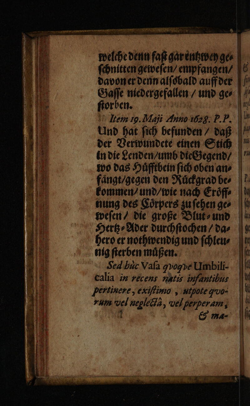 gon emm yt CRISE 8) -— j peefibeoetiti faf gat énbron ges | (hnitten gébefen/ empfangen/ 16 tavconerocinalfóbalo auffoce | // Giaffe nícbergefallen / up geo | / 1^ Mtem 19. Maji 71nno 1629; P.P.. 1 Uno fat fid) befunoen / oaf. 1^ ber Derimuocte einen Gtidy 1 (n oic £cnben/umb oicG3egeno/ $00 vas Jüfftbcin fid) oben ano — fánat/gcact oca SRüdfarao be |? Éomimev unb/ivic nad) €róffe tung oc? Gorpera su feben ae — $vcfci / bie grofe 2Ofuteuno | ||! Syer&amp;»3boer ourdbftodben / ta» | bero er motbivenoig unb flete níg fierben müfen..— | Sed bic Vaía qvogye Umbili- cali i» recens. natis infantibus pertinere , éxifiimo y: stpote quuo- *AIfÓ Vel ueglei]a , uel perperam ;