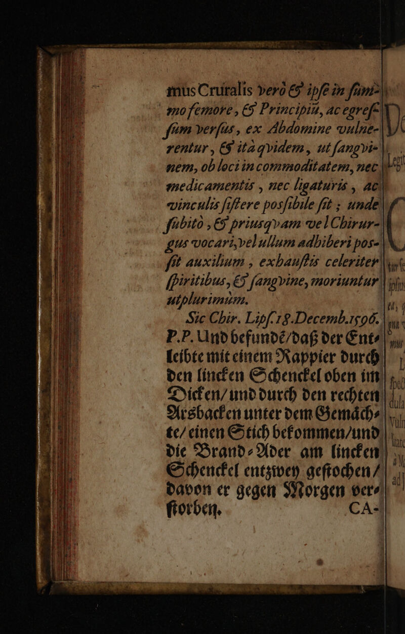 emofemore , € Princibia, Ac egrefe. ) fem verfus, ex Abdomine vulne- rentur , E$ itaqvidem , ut fangyi- | nem, ob loci in commoditatem, nec ) enedicamentis , nec ligaturis , ae) inculi [iftere asi bile fit ; inmdd feoito , € priam «el Chirur- gus vocari vel ullum adbiberi pos-. fft auxilium , exbauffis celeriter uk [piritibus, 5 f(angvine, moriuntur; utplurimum. — Sic Chir. Lipf 18.Decemb.rgod. P.P. Uno befunbé/baf ber Cnt» [cíb£c mit cinem Vappier eurd bcn finden Cien oben iit yid av abourd ocn vedtem 9(rsbadfcn unter oem G'emád» tc/ cincn C tích bcfommen/uno, bic Sranbo2(oer am fincfem, Coda entgivet) aeftoben / baeon er gegen Socorgean eere) fiorben. CA fps uh Vülr lbi iN all