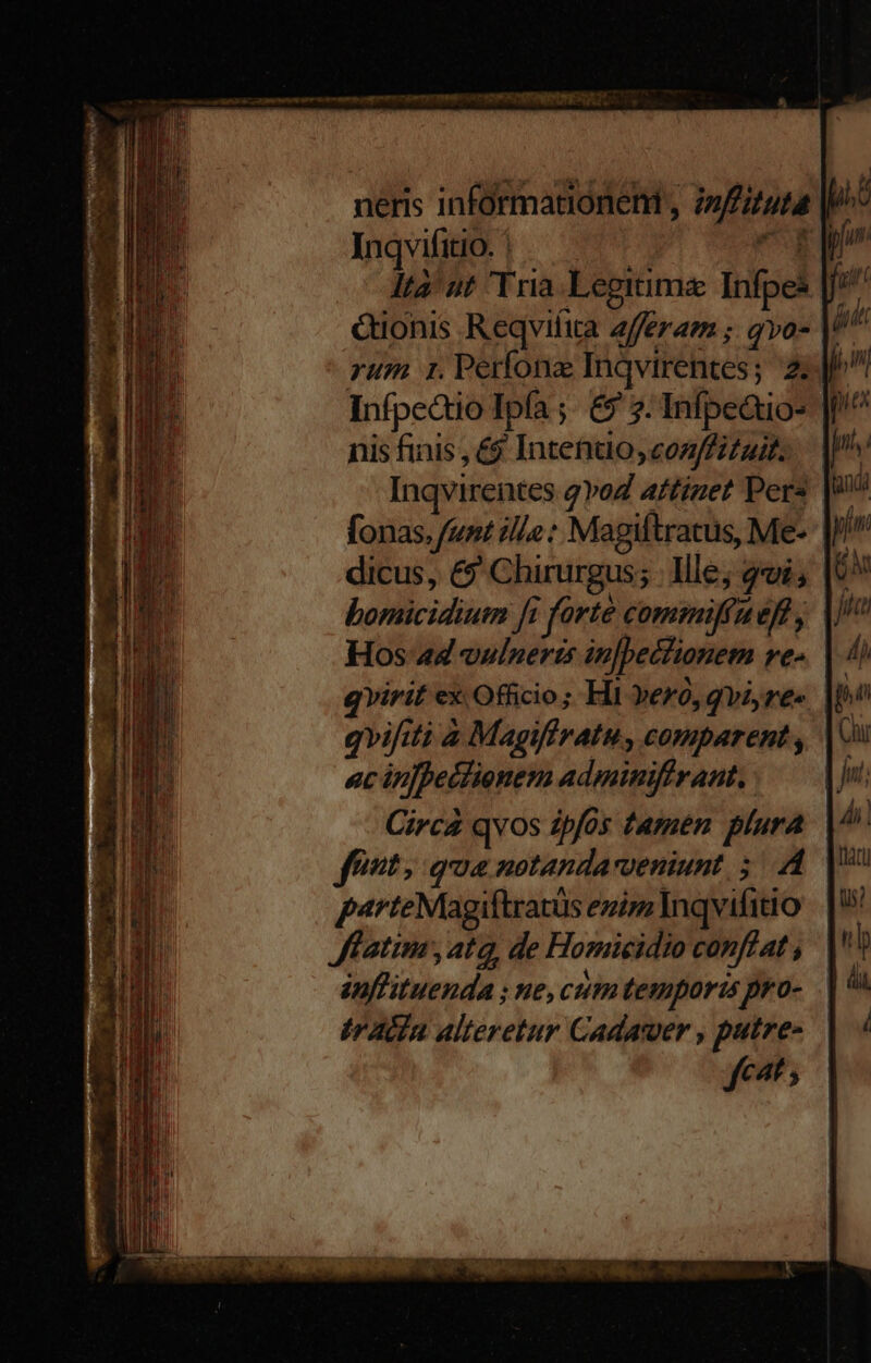 neris informationen , i»//itut4 |M Inqvifitio. | | m Ità' ut 'Tria.Legiima Infpes | Qionis Reqvifita afferam ;. qvo- |^ zum 1. Perfone Inqvirentes; 2; |^ Infpectio Ipfa ;. &amp;&amp;' 7: Infpe&amp;tio- J^ nis finis , £9 Intentdo , conffizait. Inqvirentes gvoZ aftizet Pers |! fonas. funt ille : Magiftratus, Me- dicus, &amp;'Chirurgus; Ille; qvi, |t bomicidium [i forte commiffuefl y Y Hos 4d vulneris in|bectionetm re- qvirit ex Officio; Hi vero, Qviyre« gvifiti à Magiffratu , comparent , «c in[pecfionem adminiffrant, Circa qvos ipfos tamen plura fft, qua notandarmeniunt ;. . d parteMagiftratüs ezis Inqvifitio fiatim ,atg, de Homicidio confíat , inffituenda ; ne, cum temporis pro- irAGa alteretur Cadamer , putre- fK Af S