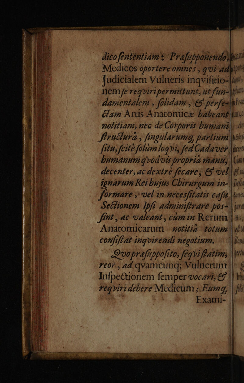 dito fentintidm t Prefutponendo) Medicos oportere omnes , q'ui ad) fudicialem vulneris inqvifitio- nemye regviripermittunt, ut fun- damentalem , folidam y € perfes lm élam Ártis Anatomicae /abeant lu notitiam, nec de Corporis bumani| di Jiructura , ftnmgularumq, partium sj fitus feite folum logyi, fed Cadaver iur bumanum qvodots propria thanuy Kn decenter, ac dextre fecare; €9 vel] gn joparum Rei bujts Cbirurgum in- Wo fforenare vel in. necesfitatis cafüa,| Secfionem lpff adminifirare poss. ff?t , ac valeant , cum in Rerum | Anatomicarum -oefitiz ofum | confiftat ingviremdi negotium. :.CO| Oxo brefbbofito, fegyà fRatim; | Mss aea: Infpectionem femper voczzi, €$ reqviri debere Medicum ;.Egm | Es Exami- Aenten qun