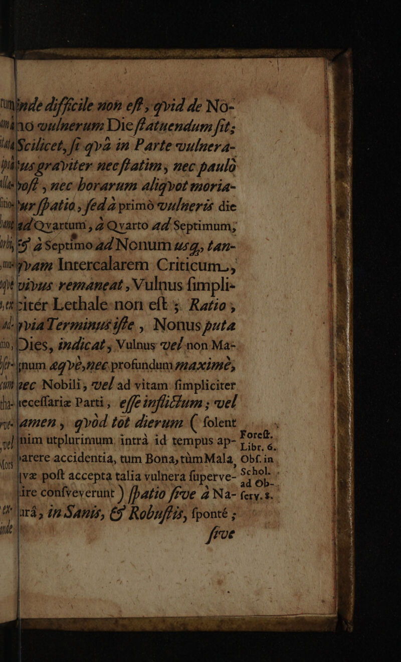 pe difficile noh eff , qvid de No- im) o quinerum Die fEatuendum fit; ^ Scilicet, ft qva in Parte ouluera- Witusgraviter necflatim nec paulà lieyof£ , nec borarum aliqvot moria- iio wp fatio, feda 4 primó z/zerzs die un ad Qvartum, Z Qvarto zd. Septimum, ili & 2 Septimo 7 Nonum sg Lan- n*y»ap: Intercalarem Criticum.., t uibus remaneat ,N'ulnus fimpli- ,&zitér Lethale-non eft 5. Ra£io ; Jl yvia Terminus ifle , Nonus puta fio; Dies, indicat , Vulnus 9e. non Ma-. fr mum 4q YO, Hec profundum /IAXImig; T7 ec Nobili; Jel ad vitam fimpliciter dae. receffaria Parti , effe infüctum ; yel ne jumen y qvod tot dierum ( folent «i| nim utplurimum,; intrà id tempus ap- d dá; ip Anis, €) Robuffis, fponté ; iie fre z : — 2 gre — -— VE .«-^ w ^ 7 AS, ro , | vlr i D dT xL ) LOCUM s 4 y e 1 : i s Yd Pc TOU UNE ^ andere t Lir ER us 7 f La n Wo ce EE TT RR. etii Te ——ÀÀ 3x piene Plon TISSUE EOS! TP n AED Gu BER 17 e Sn 7 Por S cada tsm, se DP i SE nace fh SSIEQUIS SM HADUA MOS Mr: MER ct deem M rM -