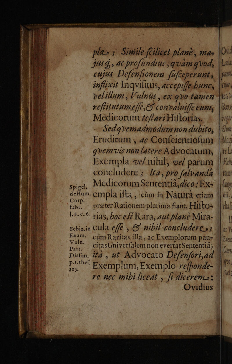 Spizel, deHum, Corp. fabri. ].8,c, 6. Sebiz.in Exam. V uln. Patt. Disíim. p.t thef. 195. ples s Simile [ilicet planc, mae jusd,, ac profundius qam qud, cujus. Defenfiouem füfteperunt, inffixit Ynqvifitus, accepiffe unes veliliutà , Vulnis , ex qvo tamen vefiitutum effe,C$ comvaluiffe eum Medicorum ze//er; Hiltorias. Sedgvemadmodum non dubito, Eruditum , 4c Confcientiofum q»emrotis nan latere Advocatum, Exempla ve/ nihil; ve/ parum Medicorum Sententià,Zico ; Ex- empla ifta , :càm ià Nàturà etiam prater Rationem plurima fiant, Hifto- Exemp:um, Exemplo refponde- Qui pui NU : Mo tel TatOT Ovidius
