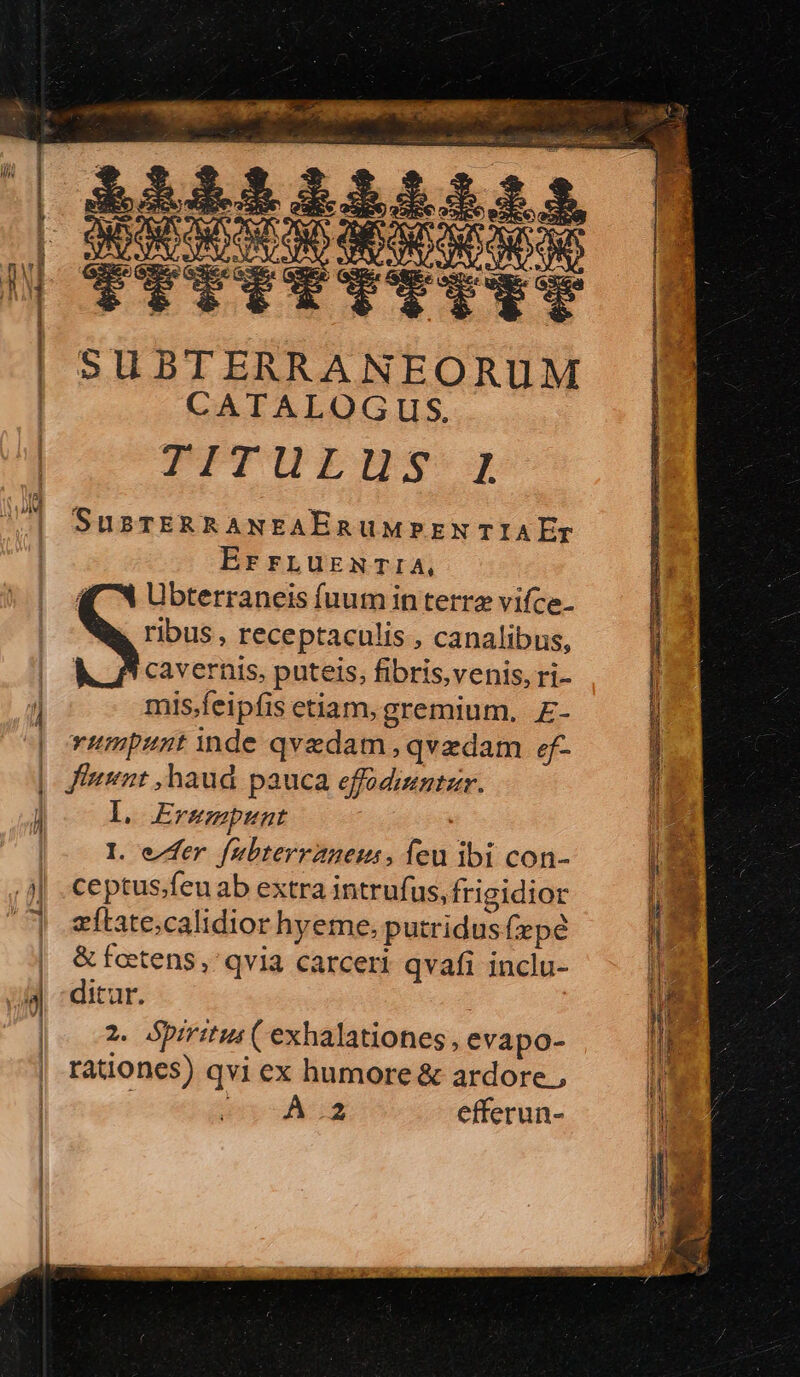 bocsadidii ctii inmidi. 115222222 TE: dE OR DPPHÜETTIIU | SUBTERRANEORUM CATALOGUS. PFETIPEIS SUBTERRANEAERnUüMPEN TIAET ErrLuEemwrriA, Übterraneis fuum in terre vifce- ribus, receptaculis , canalibus, | cavernis. puteis, fibris,venis, ri- | mis.feipfis etiam, gremium, £- * | 1 rumpunt inde qvedam,qvzdam of- ftnt haud pauca effodinntzr. 1 I, Ertmpunt I. efer fubterraneus, lu ibi con- 4| .ceptus;feuab extra intrufus, frigidior zftate;calidior hyeme, putridus (xpé | &amp;fetens, qvia carceri qvafi inclu- jig ditur. |o 0M Spiritus ( exhalationes, evapo- | rationes) qvi ex humore &amp; ardore, A2 efferun- DOMI EoSe os