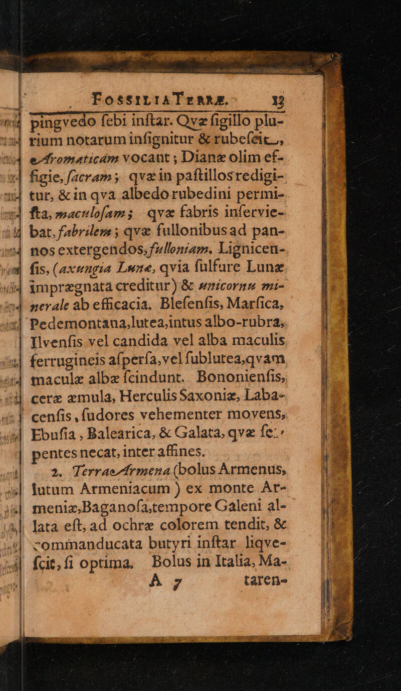 H 1 Ó. B | — Fosstrtia Tea. 13 ^ pingvedo febi inftar. Ova figillo plu- 54 rium notarum infignitur &amp; rubefeic, at ] eromaticám vocant ; Diane olim ef- 1] figie. facram; qva in paftillosredigi- 4 tur, &amp; in qva albedo rubedini permi- 1 ^ fta, maculofam; | qvo fabris infervie- 54 bat.fabrilem; qve fullonibusad pan- (mj nosextergendos, fulloniam. Lignicen- vi 4j fis. (axungia Lune, qvia fulfare Lune ] imprazgnata creditur) &amp; wzicorns mi- | nerale ab efficacia. Blefenfis, Marfica, | Pedemontana,lutea;intus albo-rubra, Ilvenfis vel candida vel alba maculis ferrugineis afpería,vel fublutea,qvam j| maculz albzícindunt. Bononienfis, — | | cere 2 mula, Herculis Saxoniz, Laba- 1 | cenfis, fudores vehementer movens, s] Ebufia , Balearica, &amp; Galata, qve fe: | pentesnecat inter affines. i1 2. Terrae/frmena (bolus Armenus, a | lutum Armeniacum ) ex monte Ar- IE. ^ meniz,Baganofa;tempore Galeni al- M zi DAMES 2 2s lata eft, ad ochre colorem tendit, &amp; commanducata butyri inftar. liqve- Ídt,fi optima, Bolusinltalia Ma- |i 7 ta1Cn-