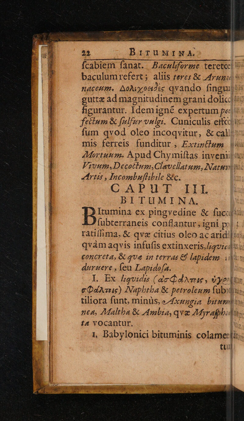 GLPFESI LI ac E MESURE CUIRE rec. uaa DE c E p Icd LEE M E E RESDUT es x Sgen - ES Delo ir oj eg AN nn- a ceti TOW aestu ! BrruMriwWwA fcabiem fanat. Bacwlforme teretec| baculumrefert; alis teres &amp; runi ^ nacen. Ao y oa2i« qvando. fingi: gutte ad magnitudinem grani dolicd!: figurantur. Idemi igné expertum pope fectum &amp; fulfur velgi. Cuniculis etc fum qvod oleo incoqvitur, &amp; call: mis ferreis funditur, Exr&amp;wm js Mortussm. &amp;pud Chymiftas iuveni t Vruum,Decottum.Clavellatum, Natu: Tus , Ipeombufibile &amp;c. CGAPILIT ILL BITUMINA,. | Itumina ex pingvedine &amp; fgeope i fubterraneis conflantur; igni p» ratilima. &amp; qvz citius oleo ac c arid | qvàmaqvis infufis extinxeris,Jigvze 4 concreta, &amp; qve sn terras € lapidem. ii| duruere , eu Lapidofa. I L nx liquidus (acd dX, vy? D if ec aA) Naphthba &amp; petroleum fabot| tiliora funt, minüs, «4: xuugia bsum My. nta, AMaltba &amp; Ambia,qvee AMyrafpbo duy; t2 YOCantur. 1, babylonici bituminis colame: li. tul