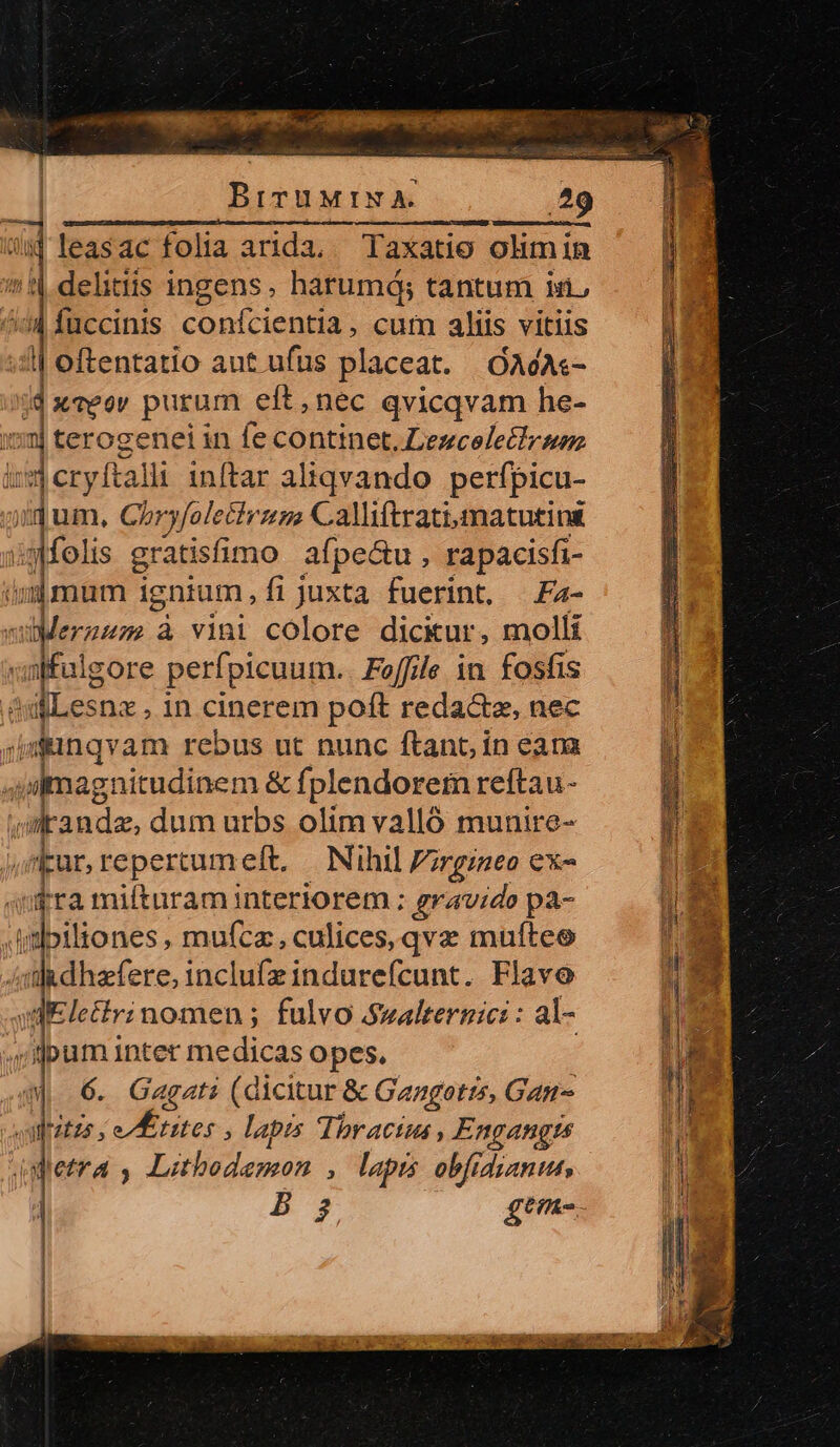 leasac folia arida. Taxatio olimin delitiis ingens. harumá; tantum isi, fuccinis confcientia, cum aliis vitiis oftentatio ant ufus placeat. |. OAdA«- d wer purum eft,nec qvicqvam he- 1 terogenei in fe continet. Lezcelectrsu :jeyrtali inftar aliqvando. perfpicu- qum, Chryfolecirzzs Calliftratiomatutins D folis gratisimo afpe&amp;tu , rapacisfi- imum ignium, fijuxta fuerint, | Fa- raum à vini colore dickur, molli déalgore perfpicuum.. Foffile in fosfis | iMLesnz , in cinerem poft reda&amp;e, nec Jminqvam rebus ut nunc ftant; in eara j di 2 n m &amp; fplendorem reftau- /] , srandz, dum urbs olim valló munire- u spur, repertumeft, — Nihil irgineo ex- a framifturaminteriorem ; gravido pa- l *! .idpiliones , mufcz, culices, qve muftee X — tladhafere, inclufz indurefcunt. Flave li e ydEle£irinomen; fulvo Swalternic: : al- a wj 6. Gagati (dicitur &amp; Gaagotts, Gan- 'u llfitzs y erstes » Lapis Thracta, Engangtis | tetra , Lithodemon lapis obfidianut, ? Bs gem. ; EE