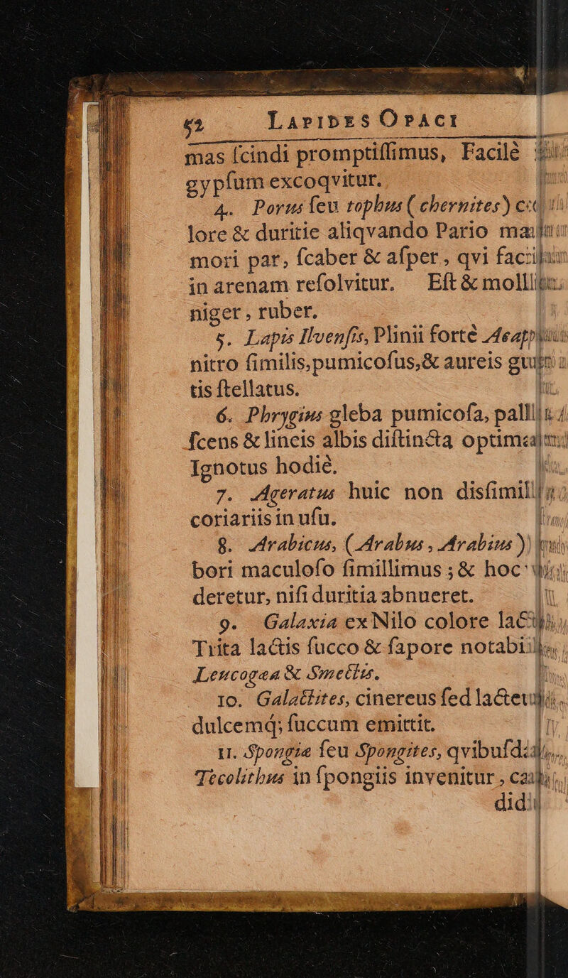 51 poc Orci mas (cindi promptiffi mus, Facilé ii: gy pfum excoqvitur. i 4. Porusfeu tophus ( chernites) c« lore &amp; duritie aliqvando Pario maja mori par, fcaber &amp; afper , qvi facii: inarenam refolvitur, — Eft &amp; molllipu: niger , ruber. s. Lapis Ilvenfis, Plinii forte Aeappynt nitro fimilis,.pumicofus,&amp; aureis gp tis ftellatus. 6. Phrygiws gleba pumicofa, palllit./ fcens &amp; lineis albis diítincta Bpod jay] Ignotus hodie. 7. -Ageratus buic non ensis Jj coriariis in ufu. | 8. Arabicus (Arabus, ybabos yl kii bori maculofo fimillimus ; &amp; hoc: li m deretur, nifi duritia abnueret. 9. Galaxia ex Nilo colore laeua. Trita lacis fucco &amp; fapore notabii ike Lencogea &amp; SuetiÉ. 1o. Galatbites, cinereus fed la&amp;eu hé. dulcemd; fuccum emittit. i. spongia feu Spongites, qvibufdli. Teécolitbis in fpongiis invenitur , caf; didi !