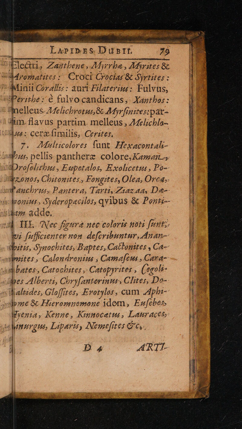 didi 0 tie Qo D Lo IRE ci Jm i:Elccri, Zagthene , Myrrbe , AMrites 8 Wd4rorsatites: Croci Crocias &amp; Syrtites : ^4AMinti Coralizs: auri PIlaterim: Fulvus, Perrzzhe : é fulvocandicans, Yautbos: ; inelleus-Zelichrotus Gc Myr finites: pax- km. flavus partim. melleus , ZMelichla- Uus :: cerae. firailis, Cerztes, | 7. AMulticolores funt. Hexacontah- lit ous, pellis. pantherz colore, Kama WDrofodtbzs, E«spetalos, Exolcetus , Po- ilirz.onos, Chztomites., Fongites, Olea, Orca; wif auchbrus, Pantera, Tarti,Zzazaa, De-- ducpomzue s Syderopacilos, qvibus &amp; Ponti-- diidaze adde. | id TEE. Nec fegura nec colovis noti fent; luz fecfficienter non. defcribuntur, Anan- in albzrz, Synochztes, Baptes, Catlonites , Ca-- anlezites ;- Calondrontus ; Camafecus , Cara- wu) baters Catochites , Catopyrites , (egoli- ulpes Alberti, Chryfanterinus, CRtes, Do-. sWlaltsdes, Gloffites, Erotylos, cum phi autülpzne 8c Eizeromuemone det , Eufcbes. Wyenta ; Kenne, Kmnocatus , Lauraces T: Itzrgus, Liparts, ANegefites Gu e ] ARTI L- um