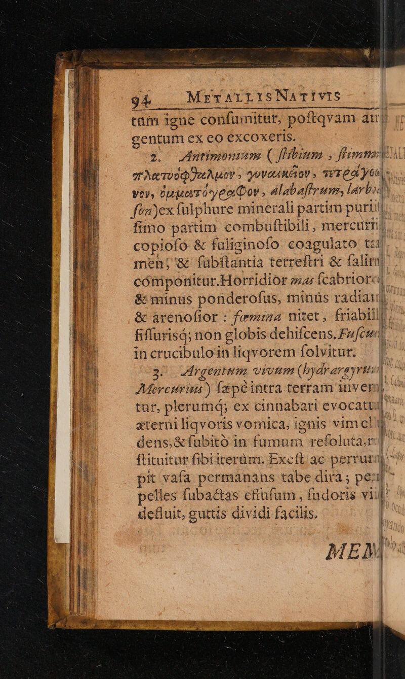 94 MkvALLISNATIVIS tam igne confumitur, poftqvam aub centum ex eo excoxeris. 2. JAntimonizs ( fHbium ; fiimmayi: yt Aervo Qo Auoy » yovau eiat» TET dL yu - vov, duuardyeoDov , alabaffrum, larbo fonyex fulphure minerali partim puriili fimo pattim combuftibili, mercurm) copiofo &amp; fuliginofo coagulato ti men; &amp; fübftantia terreftri &amp; falirn cótriponitur.Horridior s fcabrior« &amp; minus ponderofus, minus radiau] &amp; arenofior : femina nitet, friabill fiffurisá; non globis dehifcens. Fzfcsm incrucibuloinliqvorem folvitur, — | 3. Zdrgentum vivim (bydrareyrtti. Meveuriim) fxpeintra terram inveri ^ tar, plerumd; ex cinnabari evocatu] xterni liqvoris vomica; ignis vim el dens;&amp;fübitó in fumum refoluta.r] ^ ftituitur fibiiterüm. Excít ac perrur d pit vafa permanans tabe dirà ; peu pelles fuba&amp;as effufum , fudoris viij de&amp;uit, guttis dividi facilis. | — á a n i | MEM: