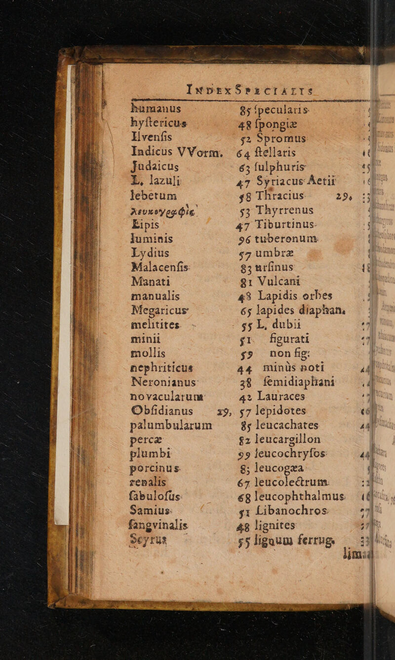 humanus hyftericus livenfis Indicus V Vorm. jJudaicus E, lazuli Jebetum Afvxs'yeg ie. Eipis luminis Lydius Malacenfis Manati manualis Megaricus melitites minii mollis nephriticus Neronianus novacularum Obfidianus palumbularum perez plumbi porcinus. zenalis fabulofüus Samius: fangvinalis Sevrit 29, 85 fpecularis 48 Ípongie $2 Spromus 64 fellaris 65 fulphuris 47 Syriacus Áetit 48 Thracius $3 Thyrrenus 47 liburtinus- 96 tuberonum. 52; umbrz 83 uriinus 81 Vulcani 48 Lapidis orbes 65 lapides diaphan, $5 L, dubii $1. fgurati $$ nonfg 44 minis poti 38 femidiaphani 42 Lauraces $7 lepidotes 85 leucachates $2 leucargillon 99 leucochryfos 8; leucogza 67 leucolectrum. &amp;8 leucophthalmus $1 Libanochros 48 lignites $5 ligaum ferrug. i