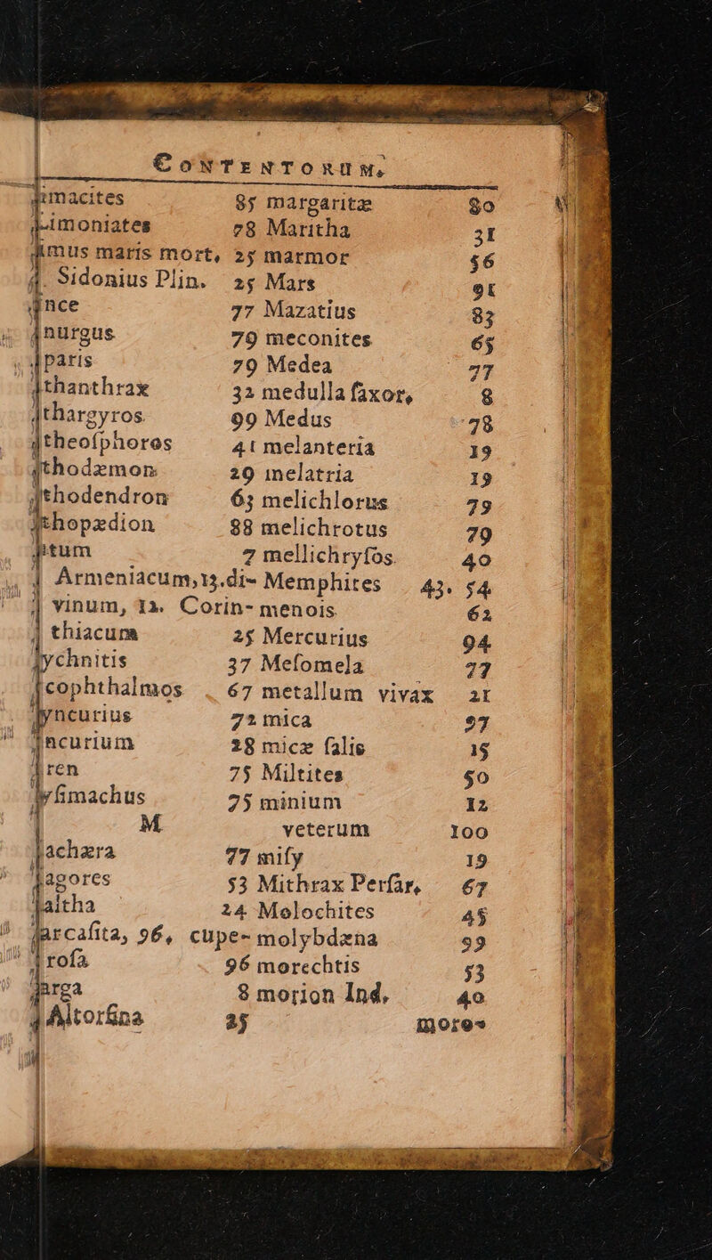 wg Ld 2 P x. ada UM tege up SOSTA As dini en ia —À—M— — R5 D ercedet ATE. M CowTzNTORUM. dimacites 8; margaritae $o j-imoniates v8 Maritha 3l | q&amp;umus maris mort, 2y marmor $6 | d. Sidonius Plin. 2$ Mars 9t i nce 77 Mazatius 85 4 $nurgus 79 meconites 65 | , paris 79 Medea 27 j jthanthrax 32 medulla faxor, 8 /1 jthargyros 99 Medus 78 ! jtheofphoros 41 melanteria 19 gthodzmon 29 inelatria 19 E gthodendron 63 melichlorus 73 i ihopzdion 88 melichrotus 79 el tum 7 mellichryfos. 40 | | Ármeniacum;15.di- Memphites 43. $4. iH | vinum, 11. Corin- menois é2 | thiacum 2$ Mercurius 94. j ychnitis 37 Mefomela 27 | [cophthalmos . 67 metallum vivax — at |yncurius 72 mica 27 Tncurium 28 micz falie 1$ x) 4 ren 75 Miltites $0 i lIyfimachus 75 minium 12 Ld | M veterum loo / 1 | achzra 77 mify | 19 Jagores ;3 Mithrax Perfàr, — €7 r jJaitha 24. Molochites 45 no gprcafita, 96, cüpe- molybdana 99 ! | rofa 96 morechtis 53 E rga 8 morion Ind, 40 | j 4 Altorfina 2j Inores (d | | I ] Mi E MW | 2 | ?