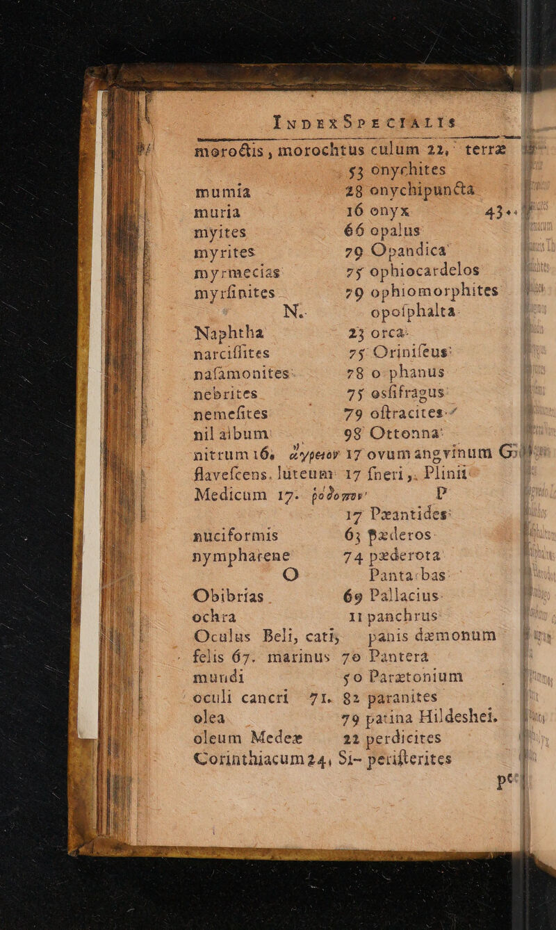 IÍIxuprx mumia muria myites myrites my;mecias myrzfíinites N. Naphtha narcifhites naíamonites nebrites nemefites nil xibum flavefcens. luteum nuciformis nympharene Obibrtias ochra Oculus Beii, cati | mundi ALDE oculi cancri 7I. | olea oleum Medes SpECIALIS $3 onychites 28 onychipuncta 16 ónyx 43: | 66 opalus 70 O»andica 7* ophiocardelos 79 ophiomorphites | (f? opofphalta 23 orca: 75: Orinlfeus: 78 o. phanus 75 esfifragus 79 oftracites-^ 98 Ottonna: | 17 ovumangvinum God 17 fneri ,. Plinii: | 17 Pxantides: 63 fxderos. 74 pzderota | Panta:bas 69 Pallacius: I1 panchrus panis demonum — fun so Parztonium - rn 92 paranites 22 perdicites |